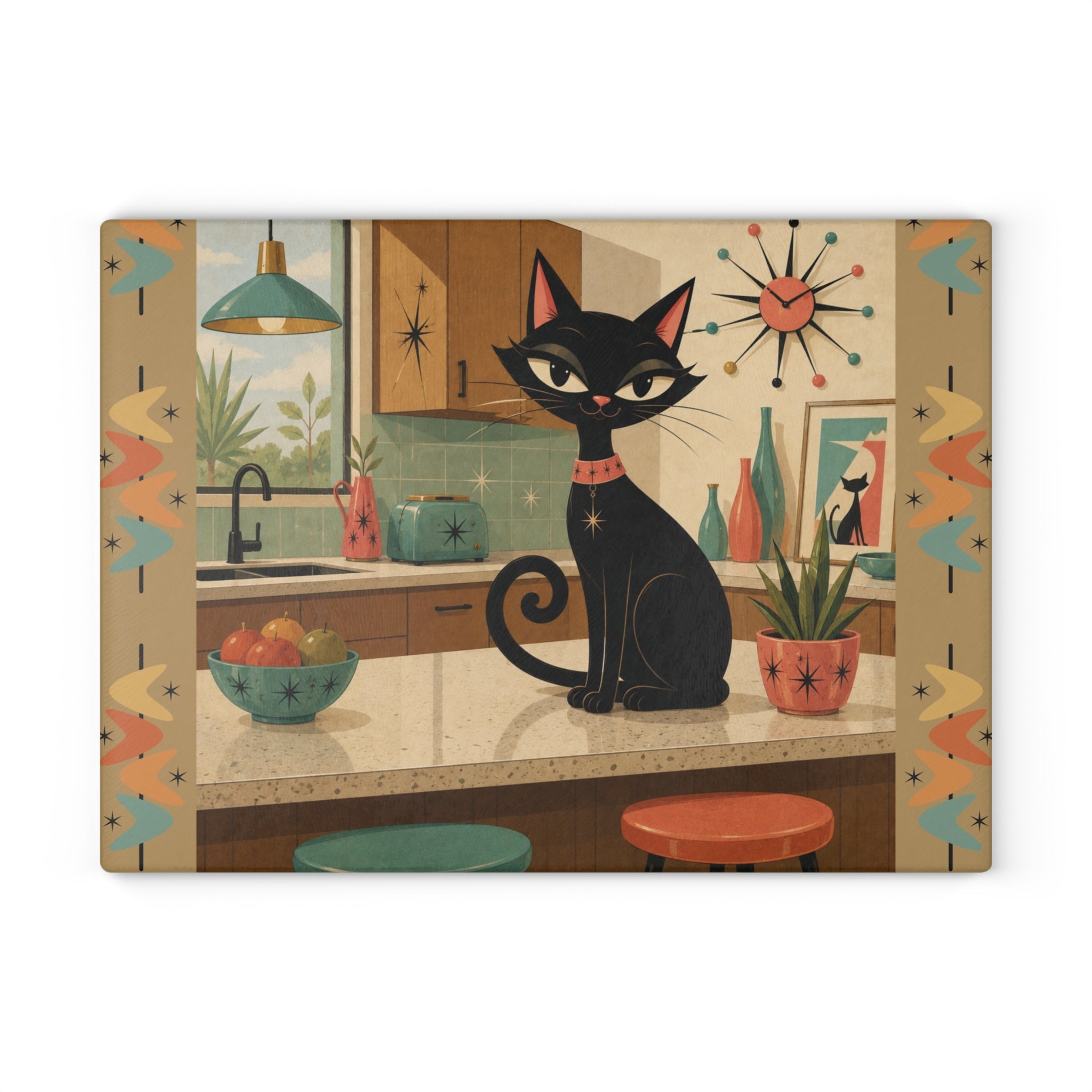 Retro Atomic Black Cat Kitchen Glass Cutting Board | Mid Century Cat Art