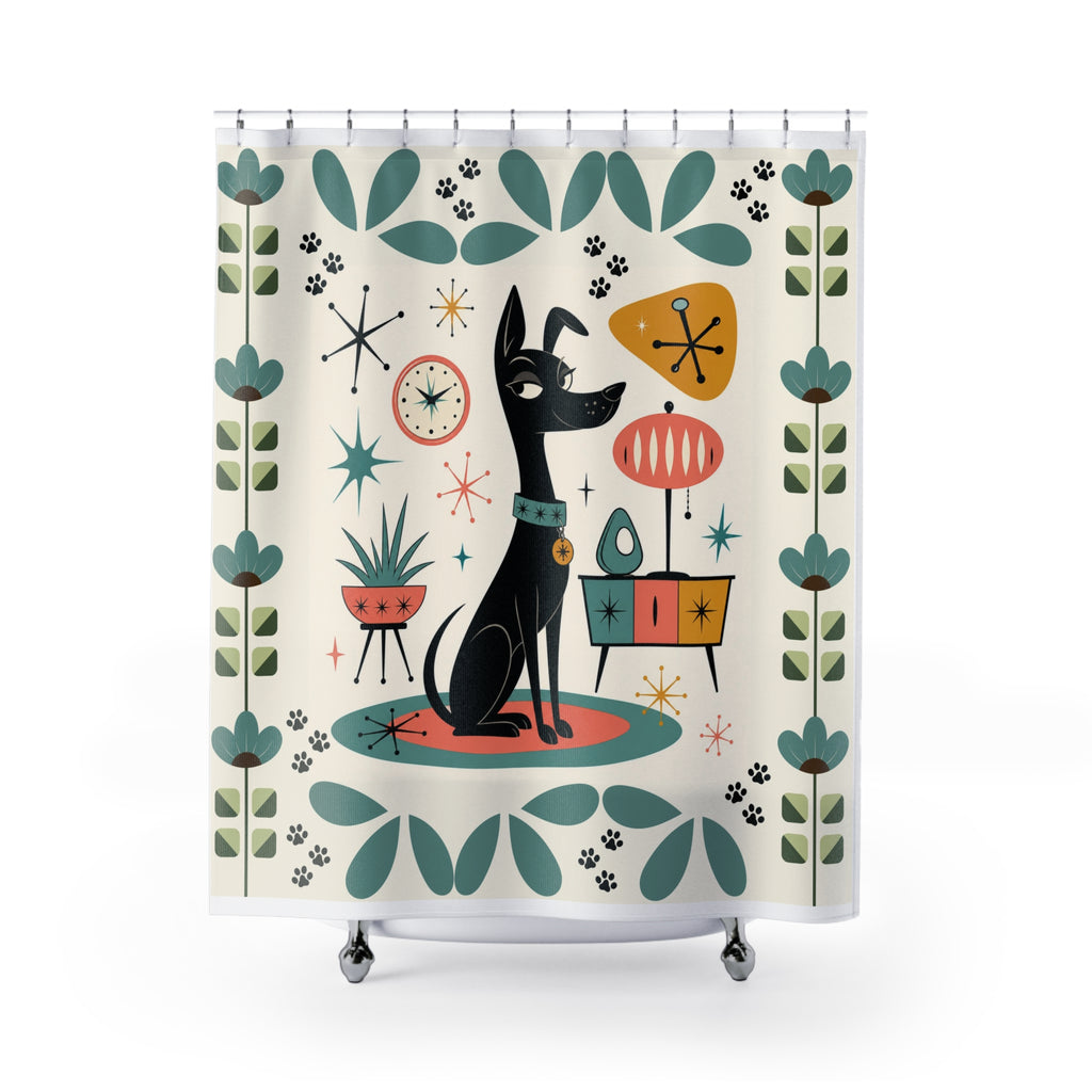 Mid Century Black Dog Shower Curtain | Retro Atomic Floral Shower Curtain