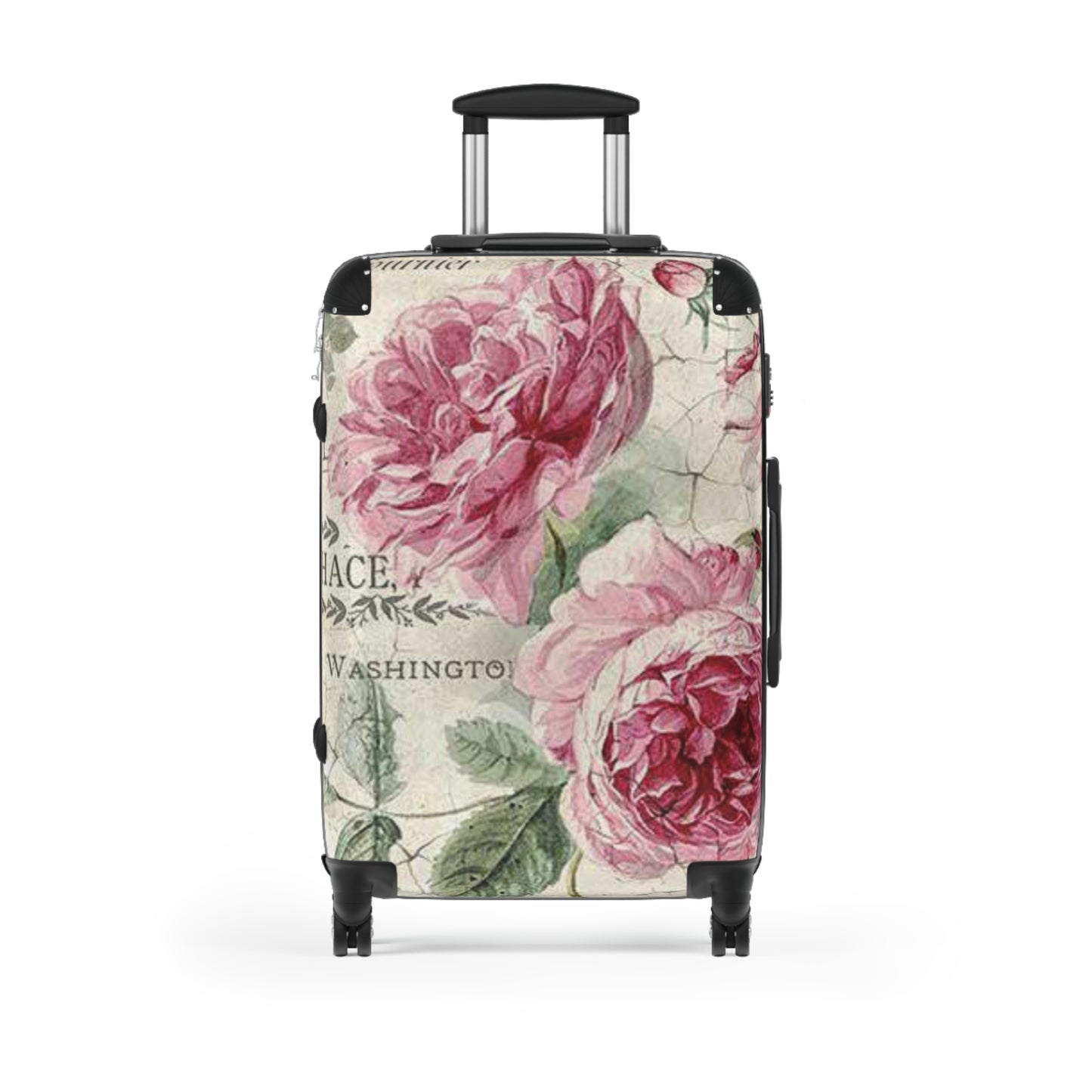 Vintage rose shabby chic style Suitcase on wheels, travel holiday luggage, carry on bag, lockable hard shell case