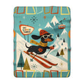 Skiing Dachshund Dog MCM Sherpa Fleece Blanket | Retro Winter Lodge Design