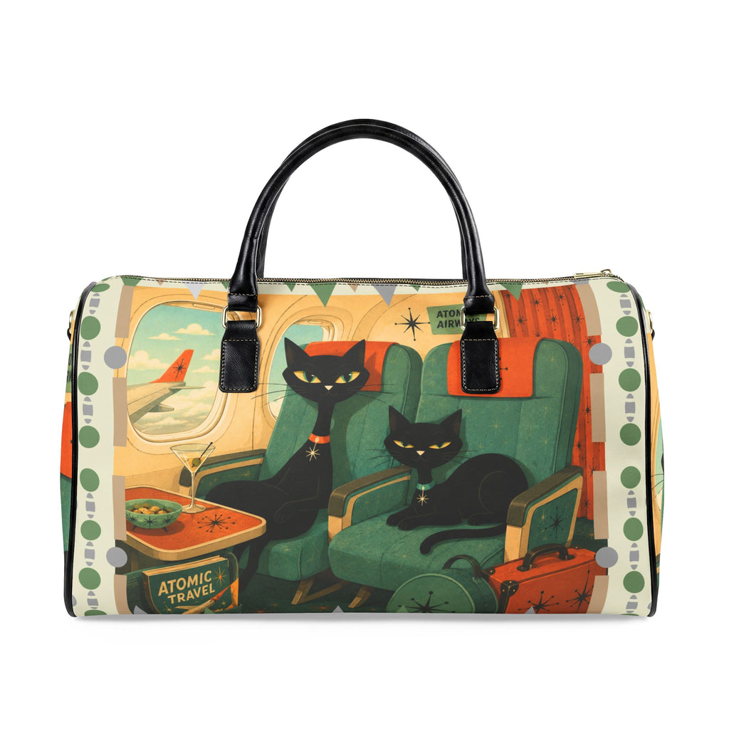 Retro Atomic Black Cats Travel Bag | Faux Leather Duffle, Mid Century Plane Scene