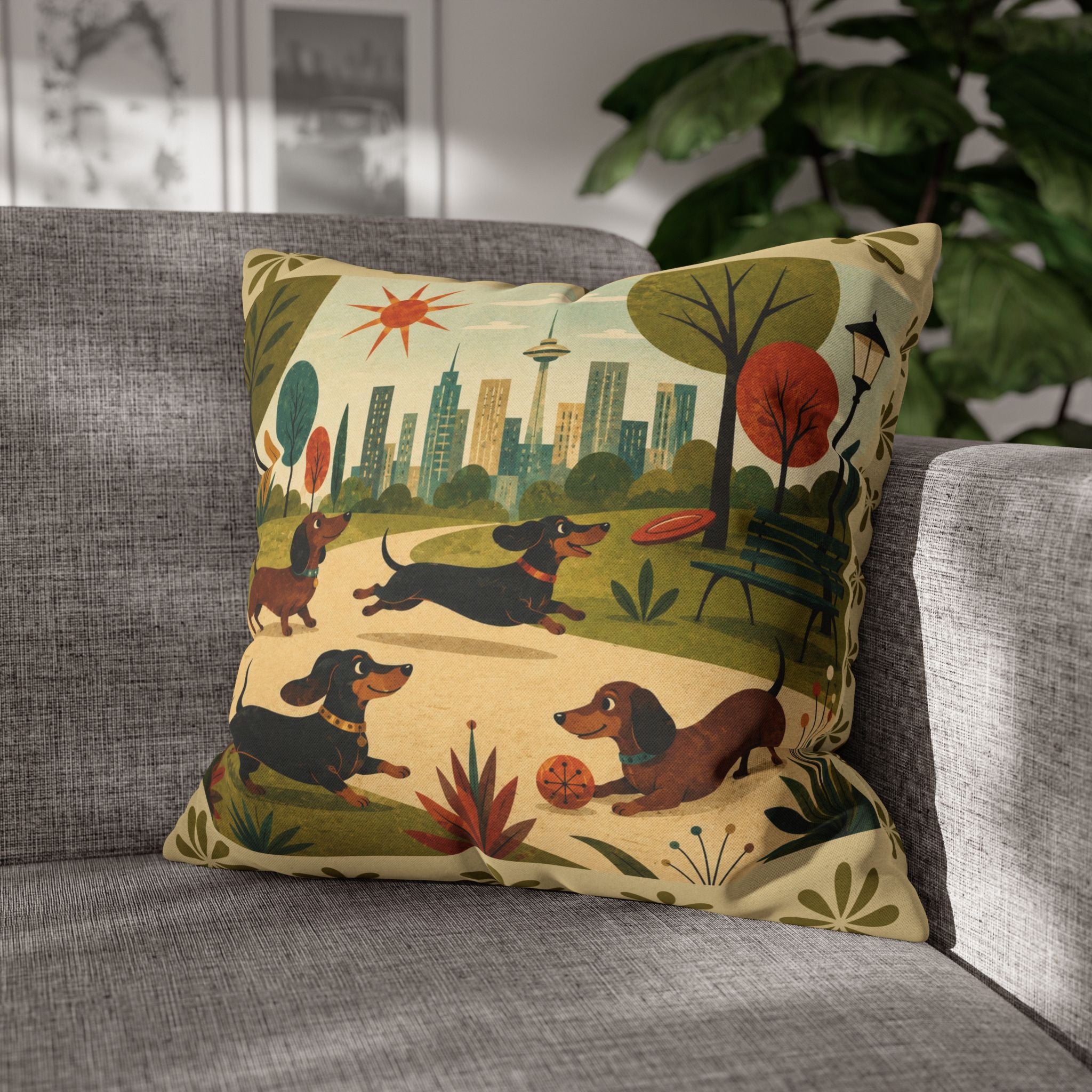 MCM Dachshund Park Scene Pillowcase | Square Decorative Throw Pillowcase - COVER ONLY
