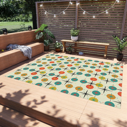 Mid Century Modern starbursts Outdoor Rug, MCM patio porch mancave rug, entertainment area rug, deck indoor/outdoor rug