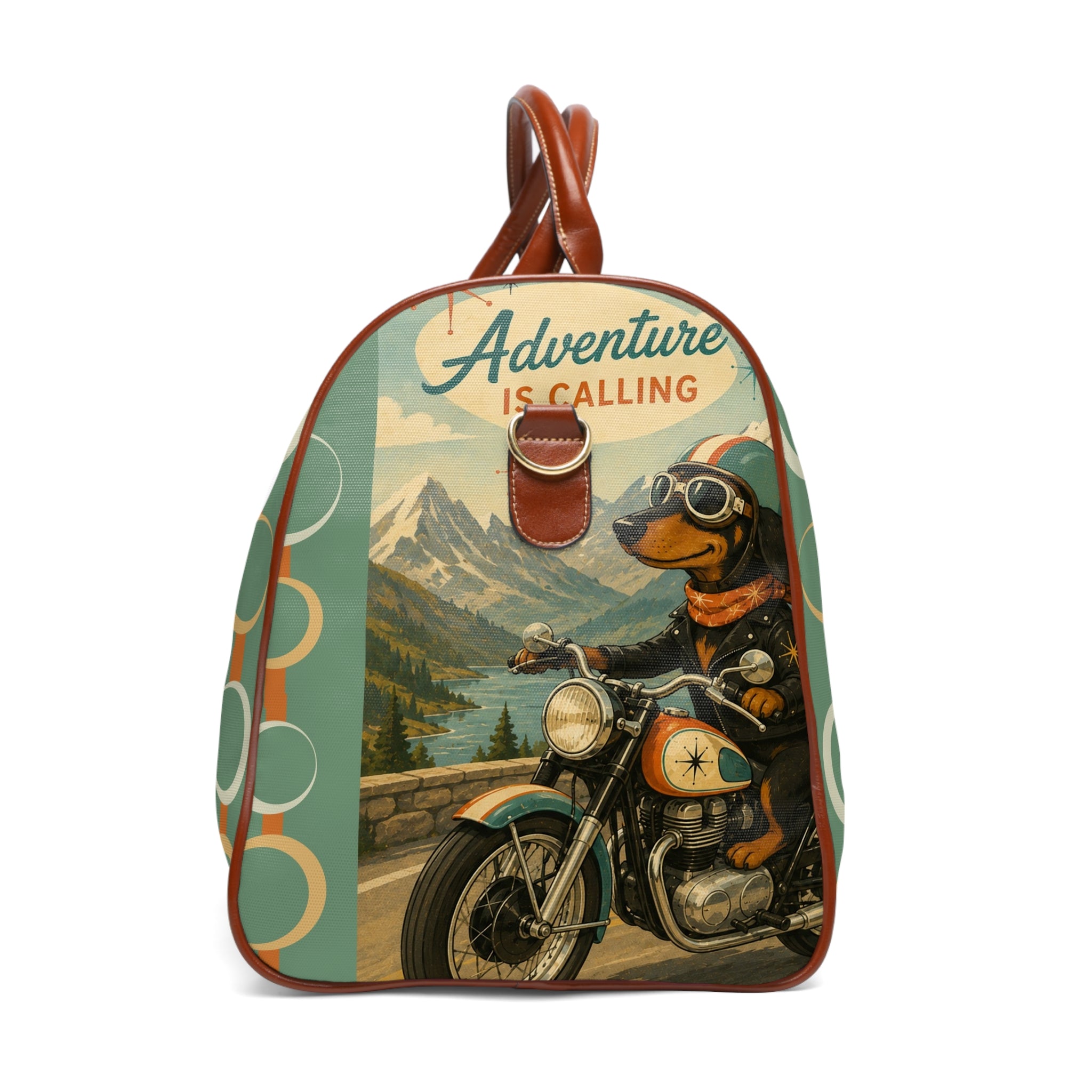 Dachshund Biker Illustration Waterproof Travel Bag | Vintage Motorcycle, Mountains, Adventure