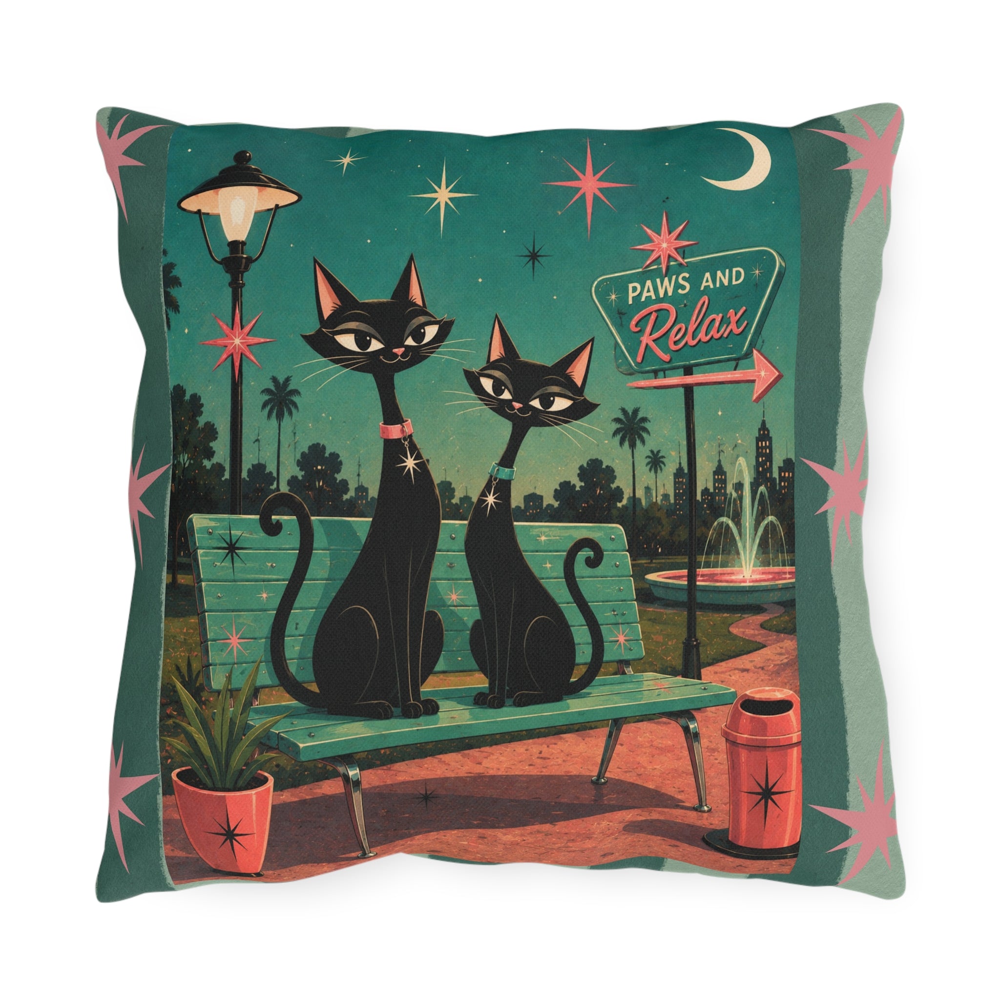Retro Black Cats Outdoor Pillow | Mid Century Park 'Paws and Relax'