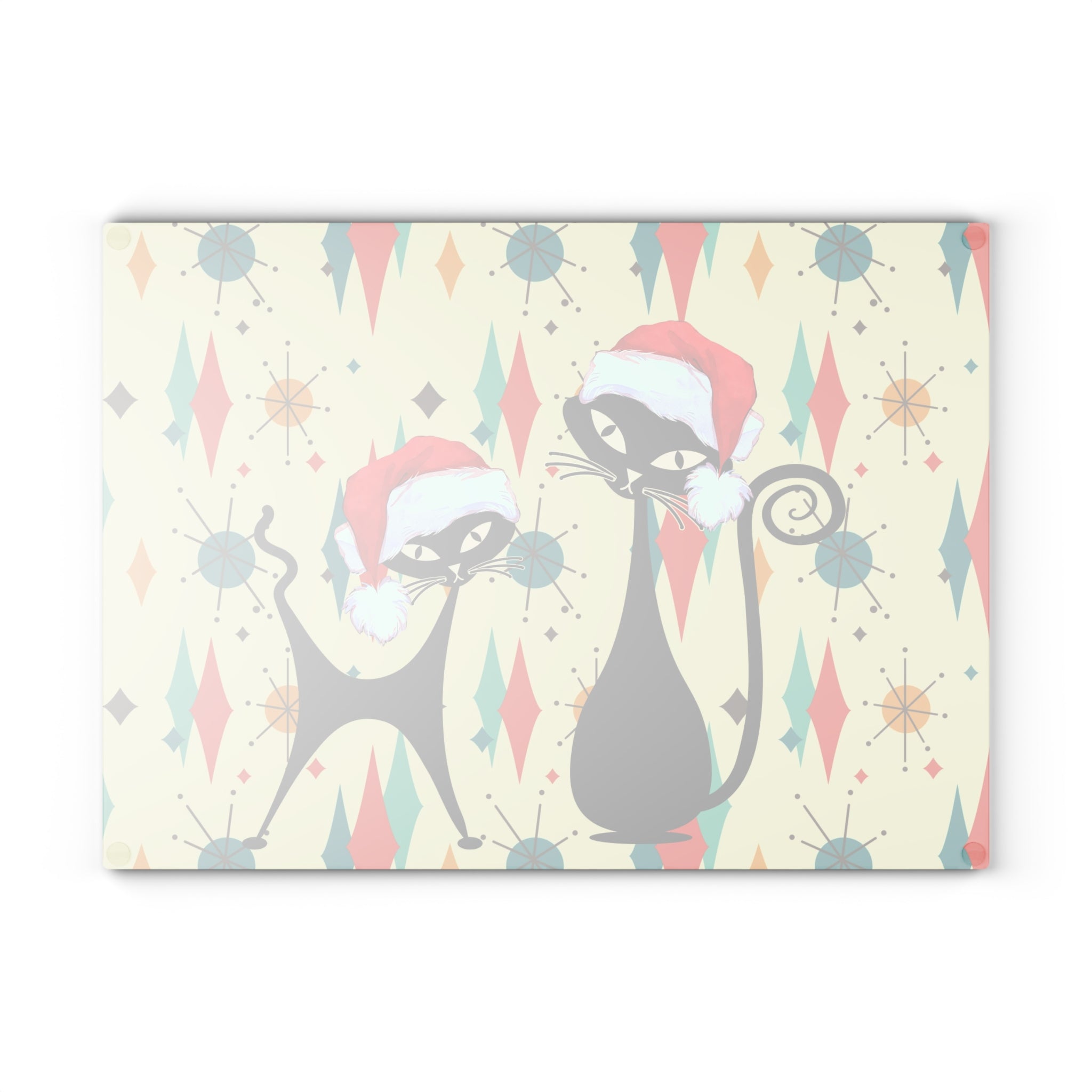 Christmas Atomic cat retro Glass Cutting Board, Franciscan starburst, Kitschy Christmas, Xmas kitchen decor, Mid Century chopping board