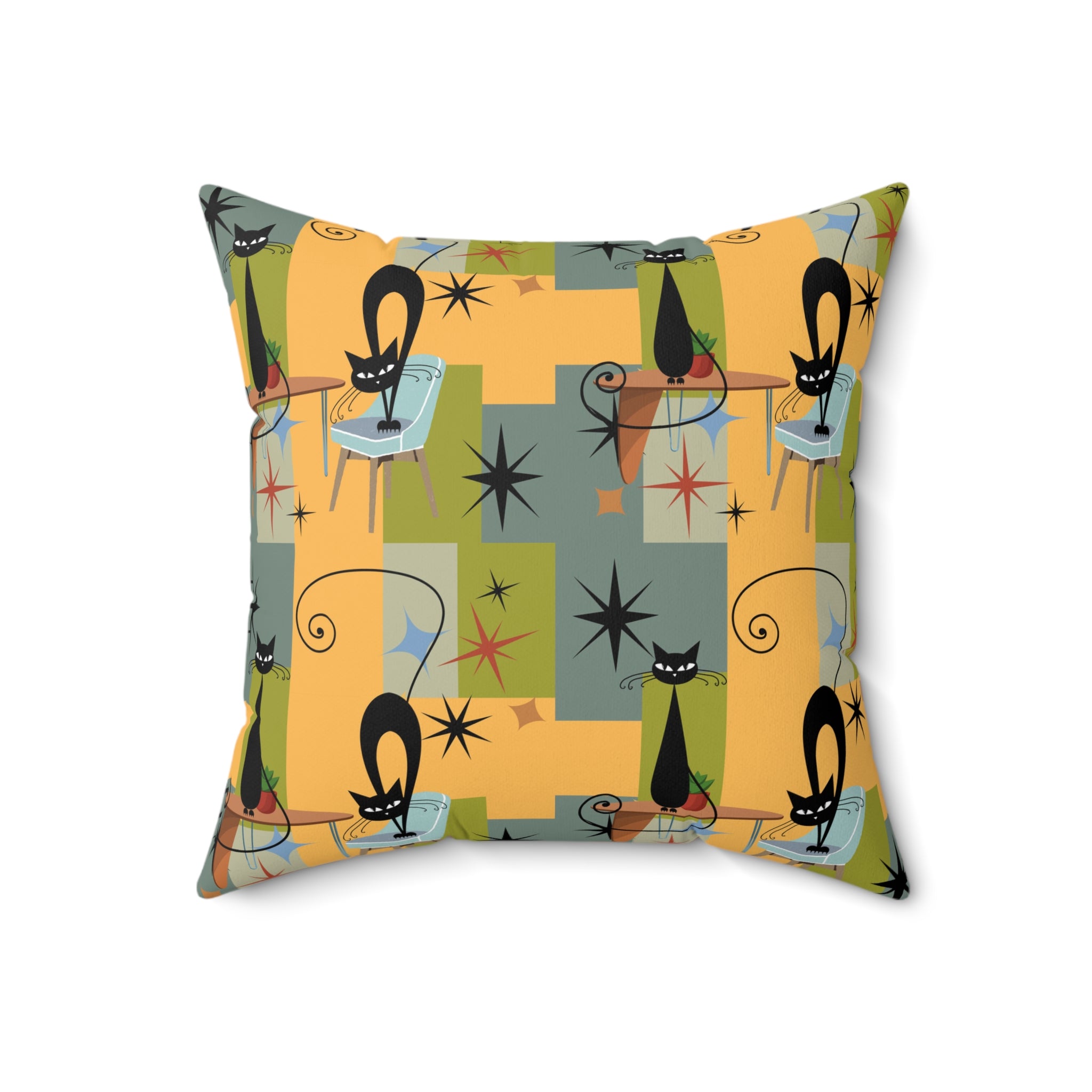 Mid-Century Black Cat Decorative Pillow — Retro Starburst Pattern