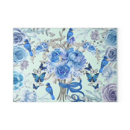 Blue and white, flowers, birds and butterflies, home decor, food preparation Glass Cutting Board