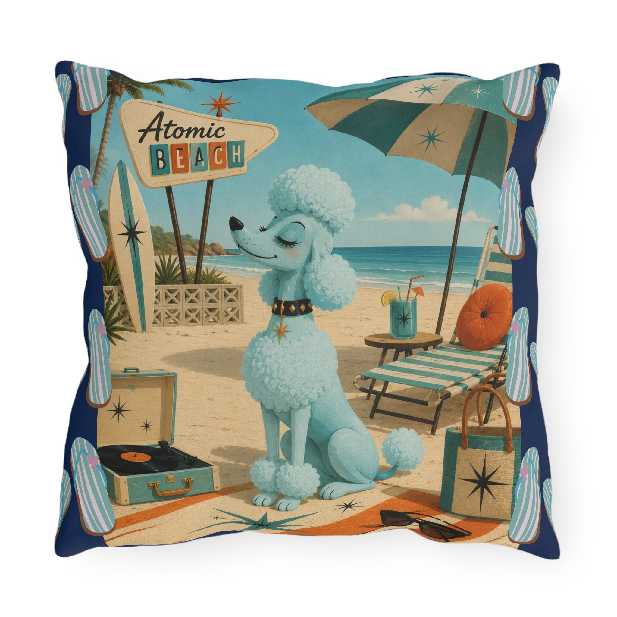 Retro Atomic Beach Blue Poodle Outdoor Pillow | Mid Century Coastal Decor
