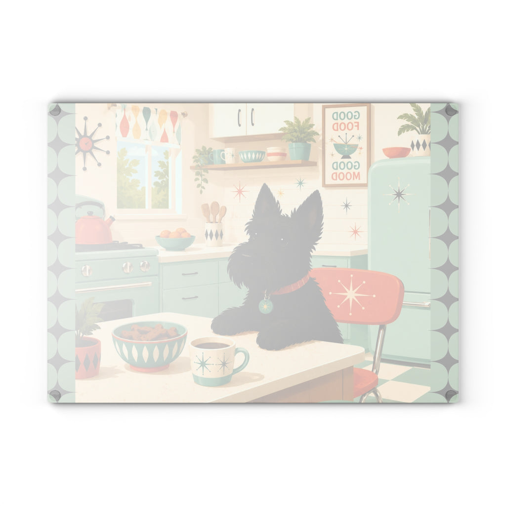 Retro Kitchen Scottish Terrier Glass Cutting Board | Mid Century Dog Art