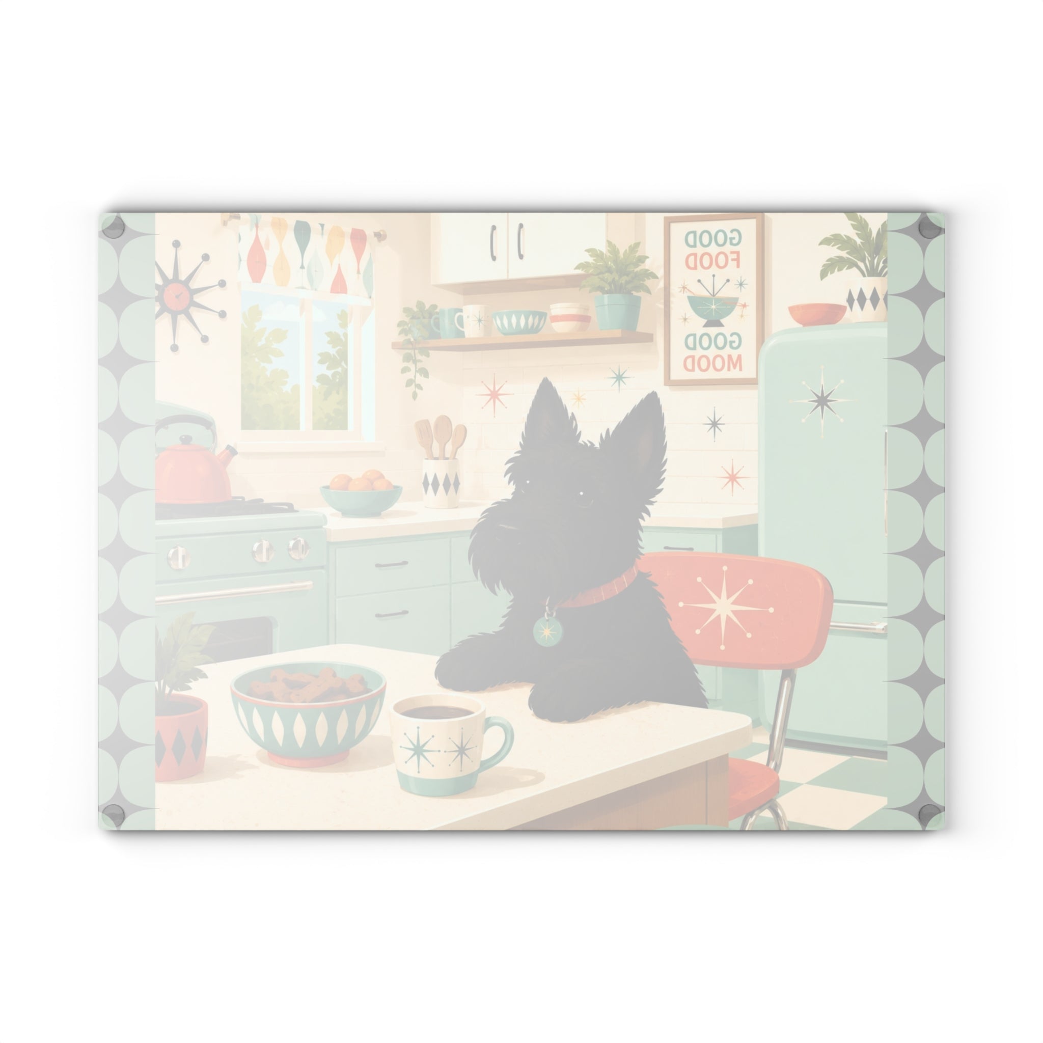 Retro Kitchen Scottish Terrier Glass Cutting Board | Mid Century Dog Art