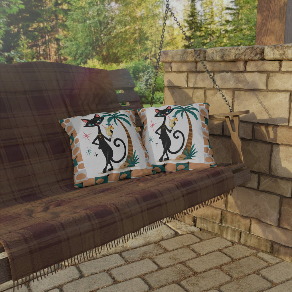 Retro Atomic Black Cat Tiki Outdoor Pillow | Palm Tree Cocktail Cushion