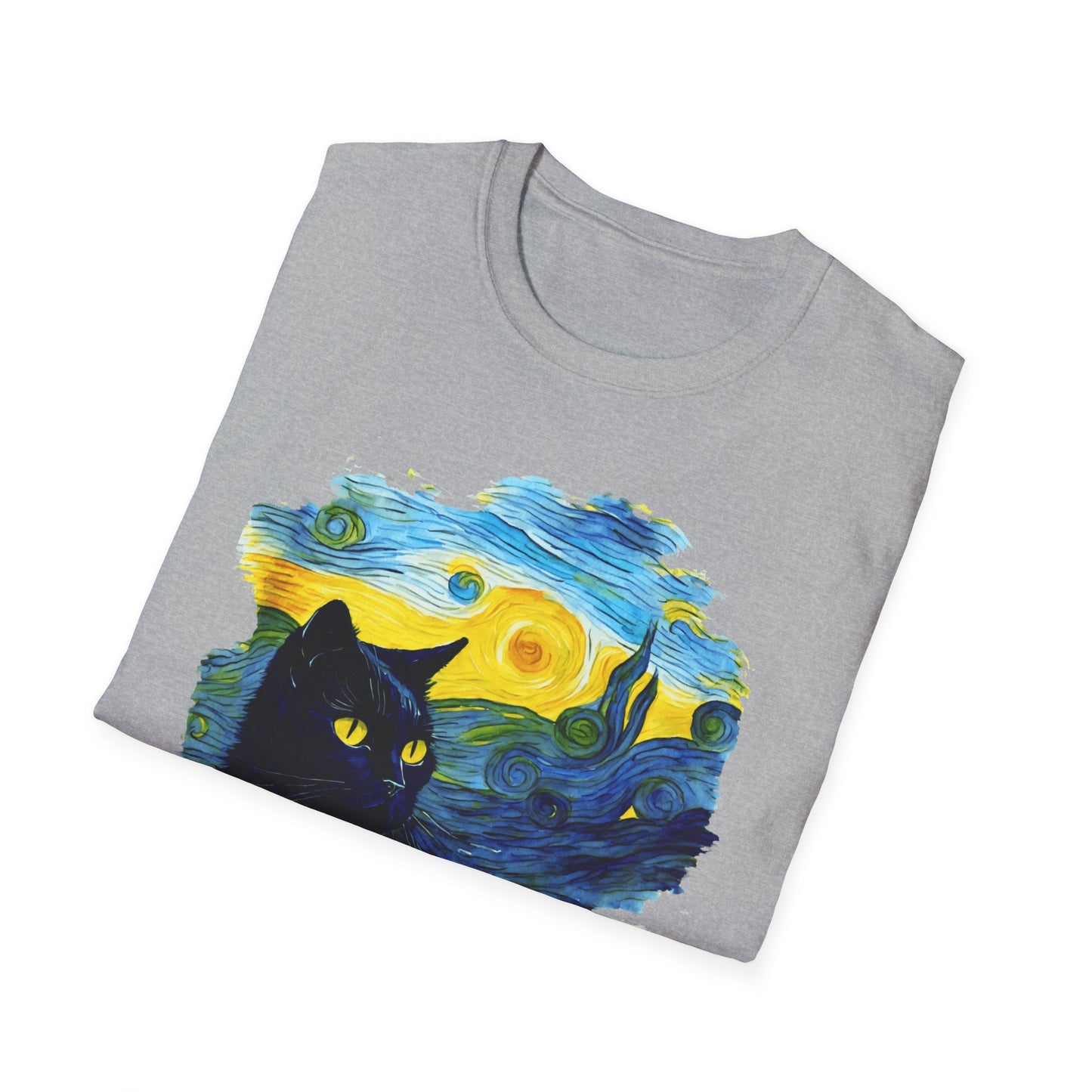 Cute black Cat with Van Gogh inspired Unisex Softstyle T-Shirt