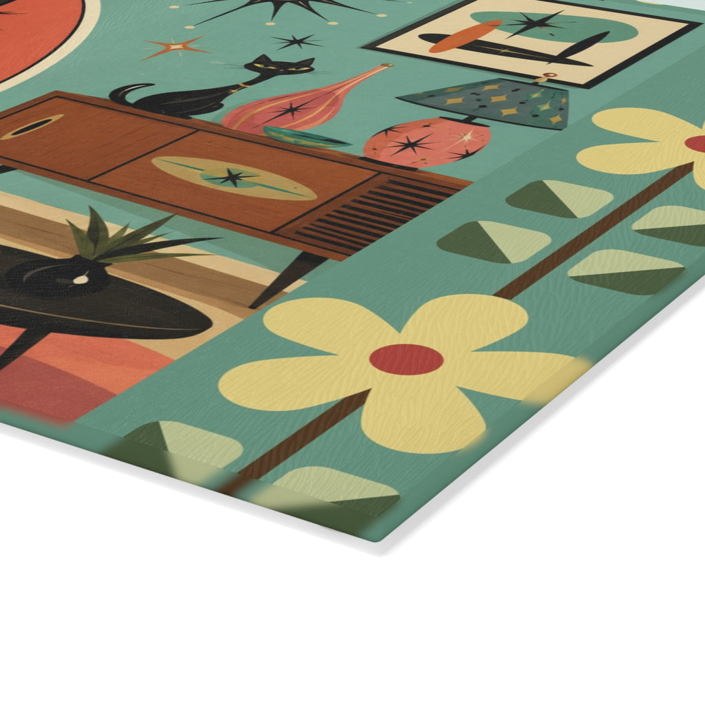 Retro Lounge Atomic Cat Glass Cutting Board | Mid Century Modern Kitchen Decor