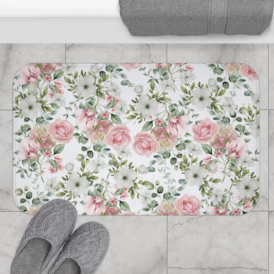 Pink and white flowers Bath Mat, Shabby chic style, vintage roses, farmhouse, cottage, non-slip bathmat