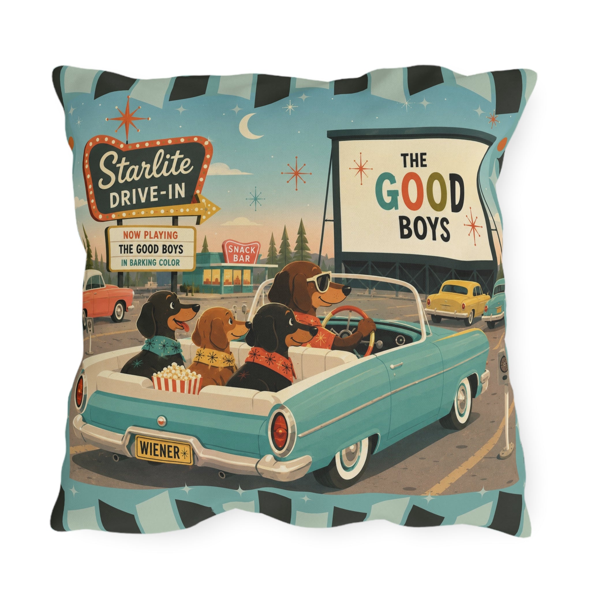 MCM Dachshund Drive-In Dogs Retro Art Outdoor Pillow | Vintage Movie Night