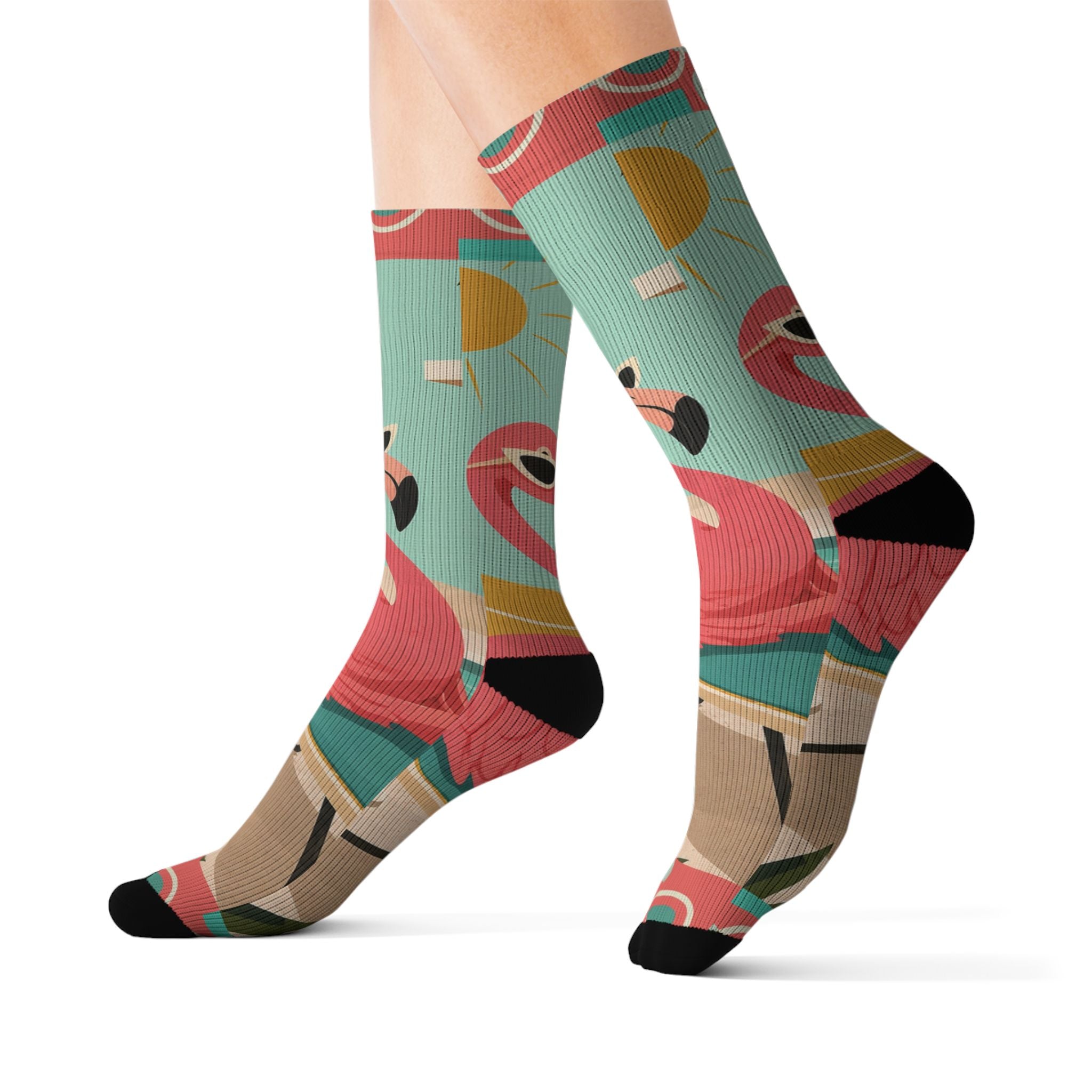 Tropical MCM Flamingo Socks | Sublimation Crew Socks, Summer Beach Pattern