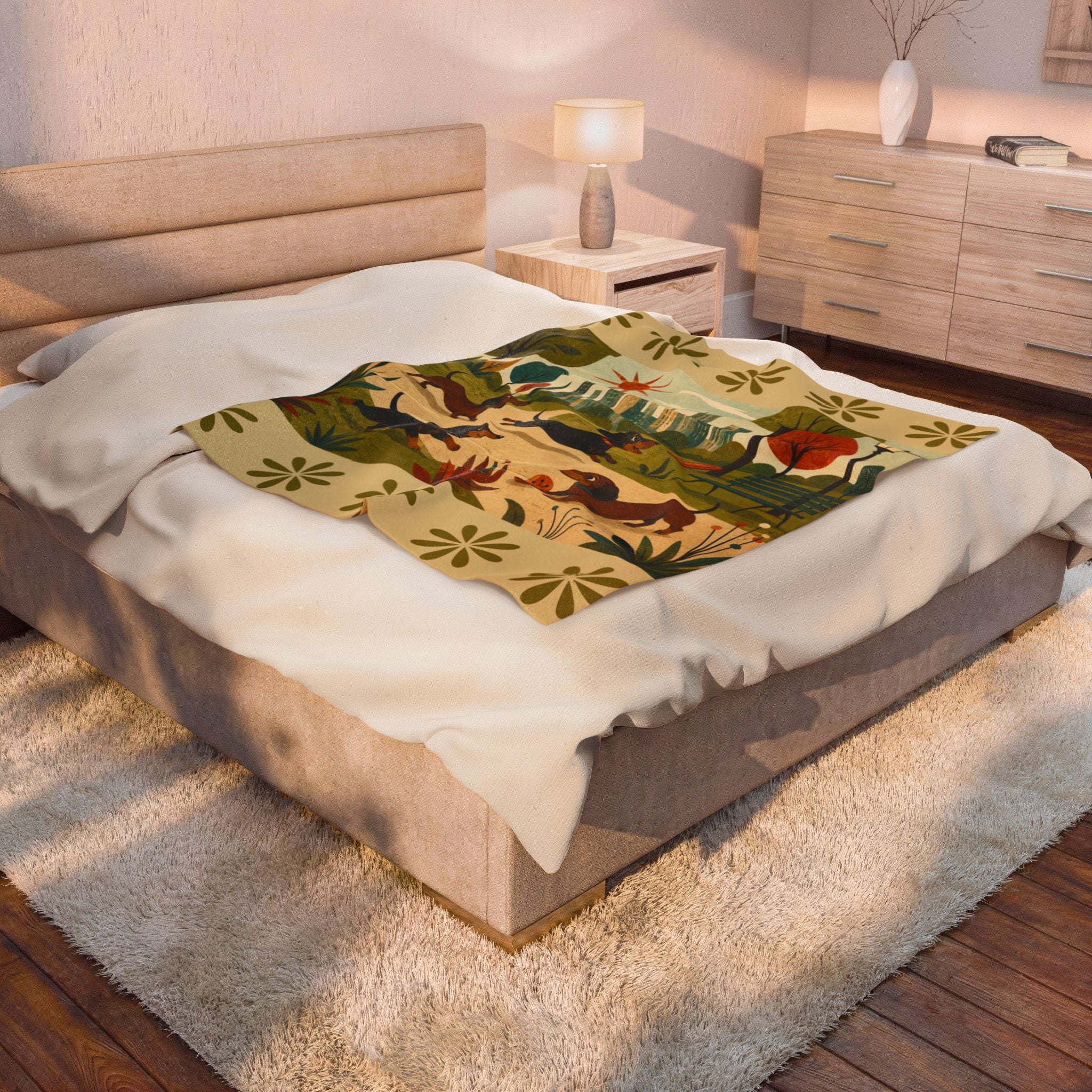 MCM Dachshund Park Scene Velveteen Plush Blanket | Retro City Park Dogs