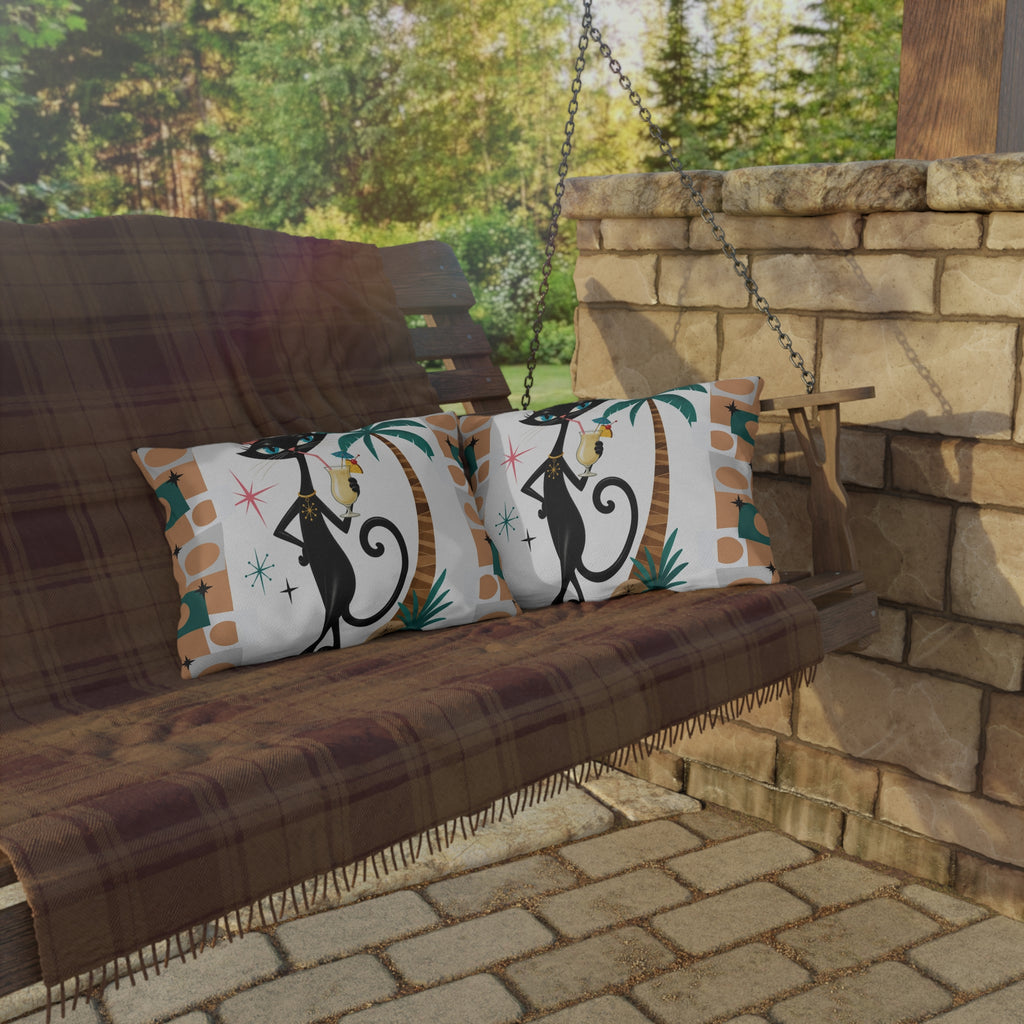 Retro Atomic Black Cat Tiki Outdoor Pillow | Palm Tree Cocktail Cushion