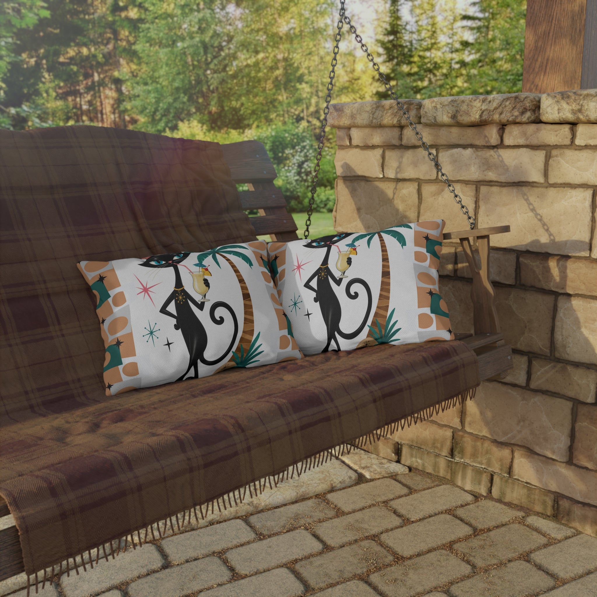 Retro Atomic Black Cat Tiki Outdoor Pillow | Palm Tree Cocktail Cushion