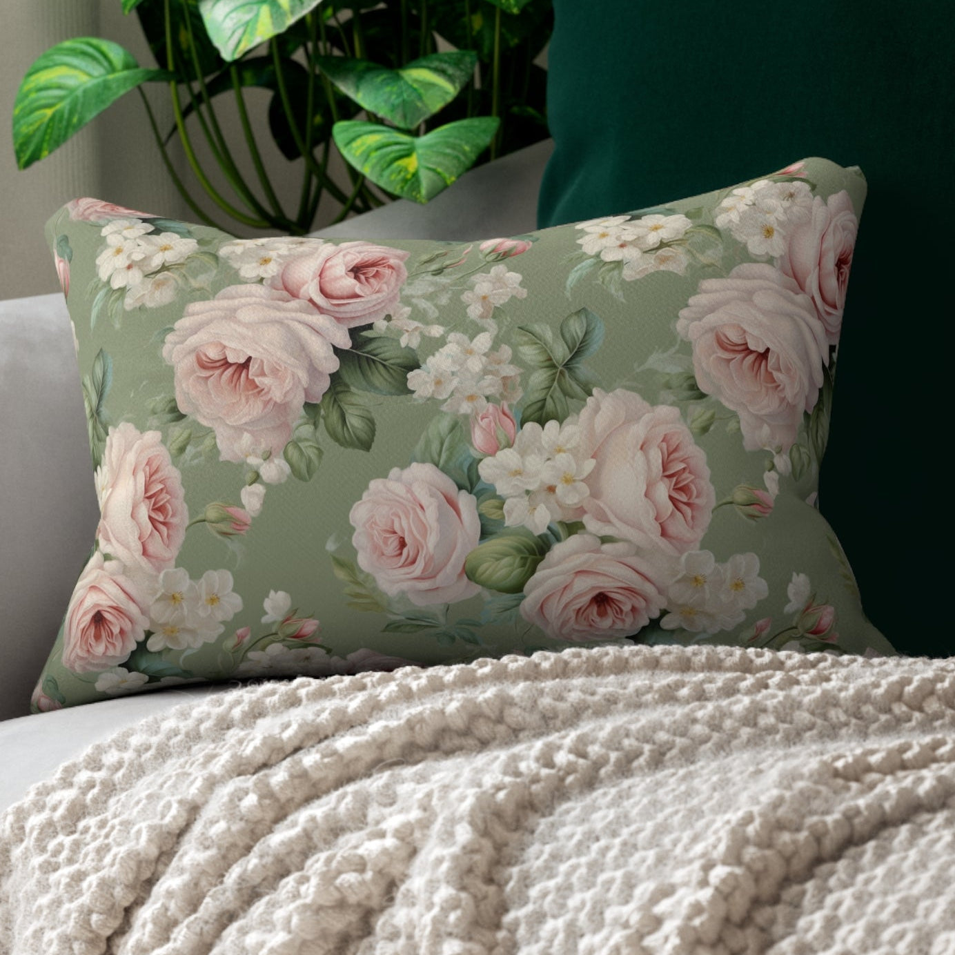 Pink vintage rose with green background Spun Polyester Lumbar Pillow, Farmhouse decor, Shabby chic, chic throw pillow, scatter cushion