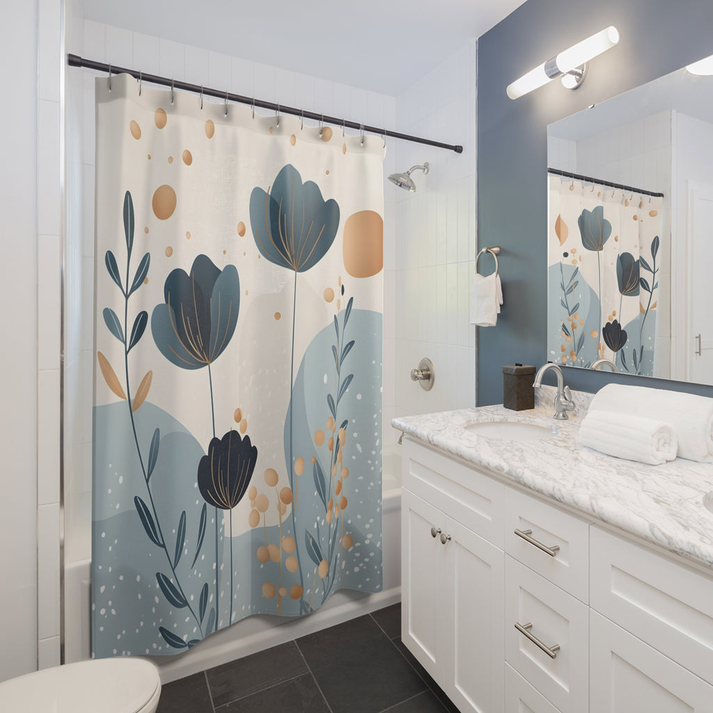 Floral Serenity Shower Curtain — Abstract Blue & Beige Botanical Bathroom Décor