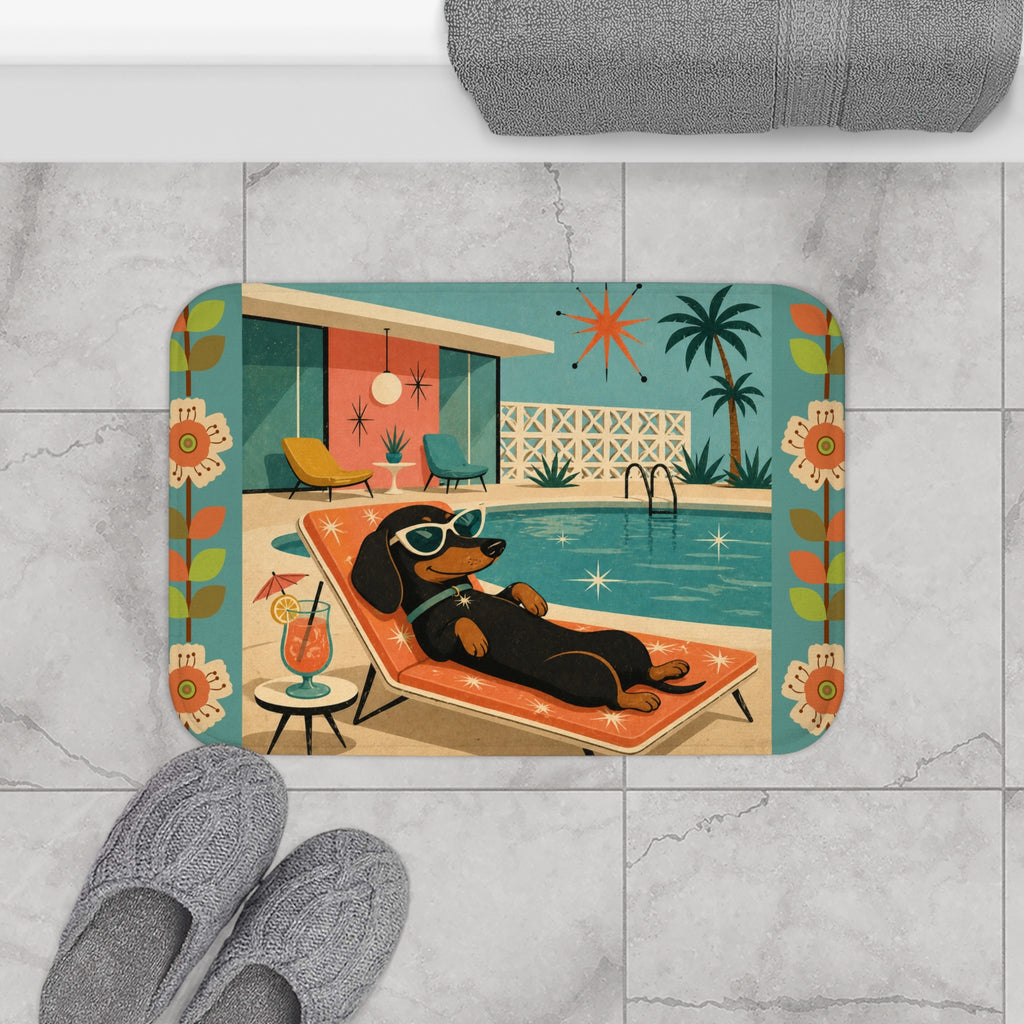 Dachshund Poolside Retro Illustration Bath Mat | Mid Century Tropical Vibe
