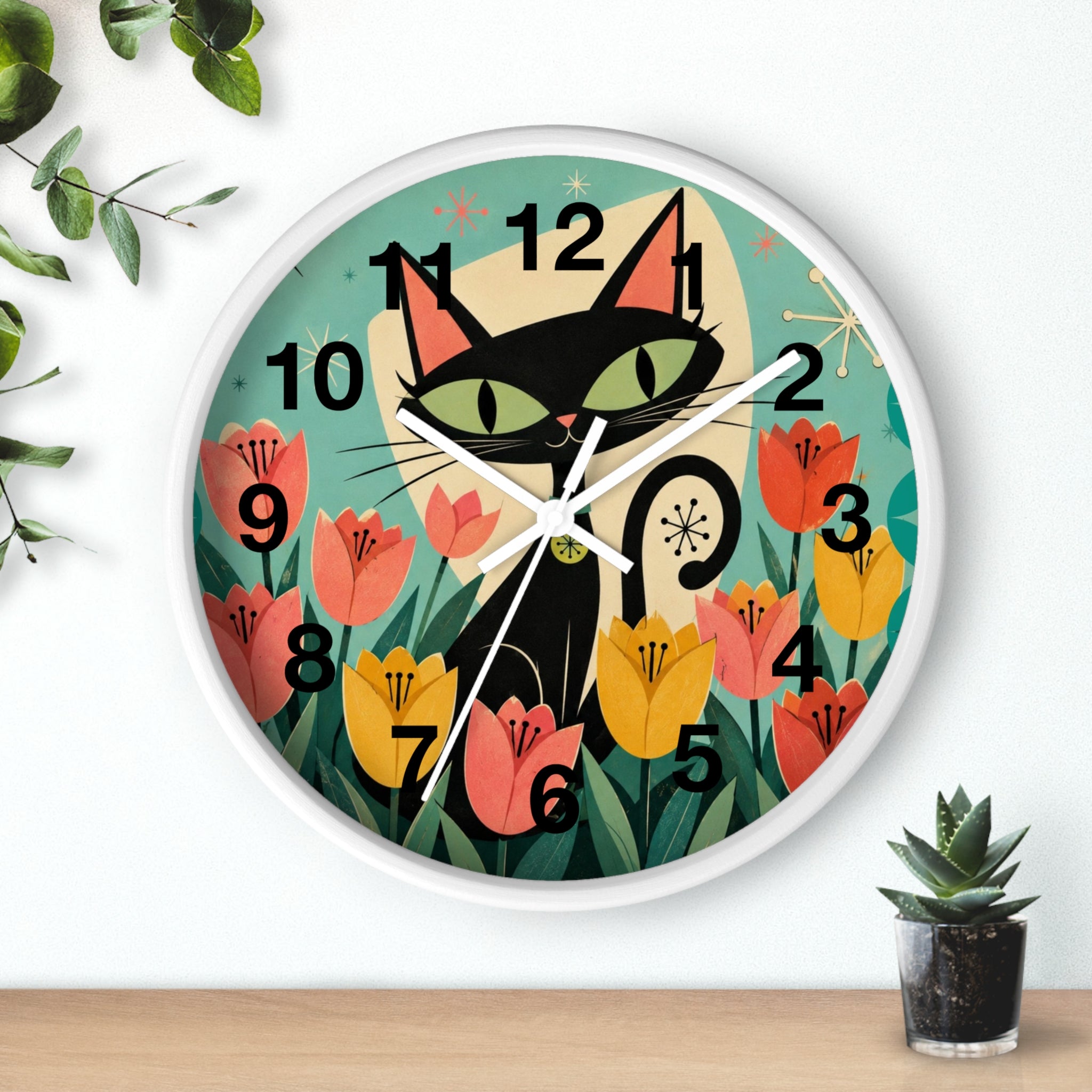Atomic Black Cat in Tulips Wall Clock | Retro Cat Illustration, Spring Floral