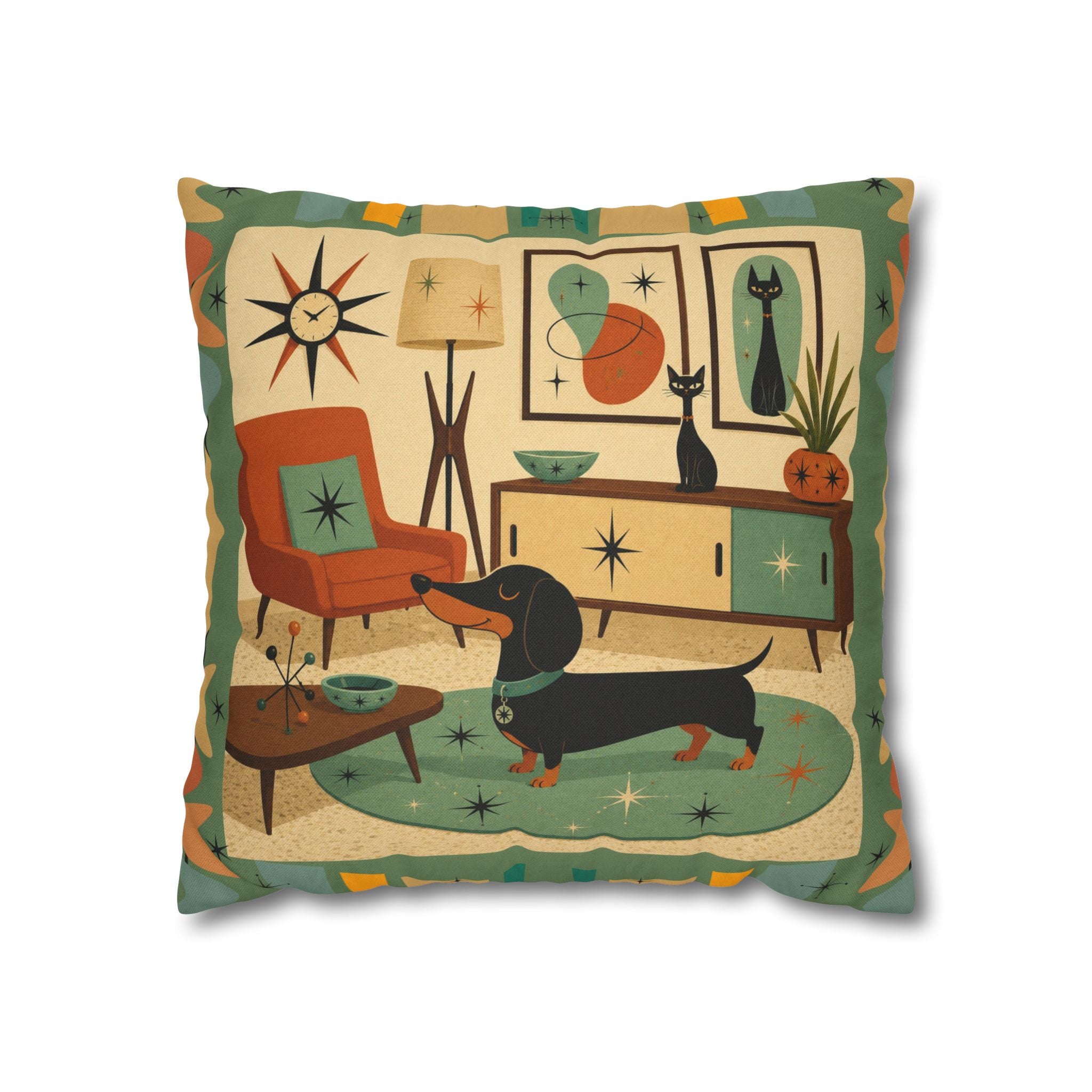 Mid-Century Living Room Dachshund Pillowcase | Square Pillowcase - COVER ONLY