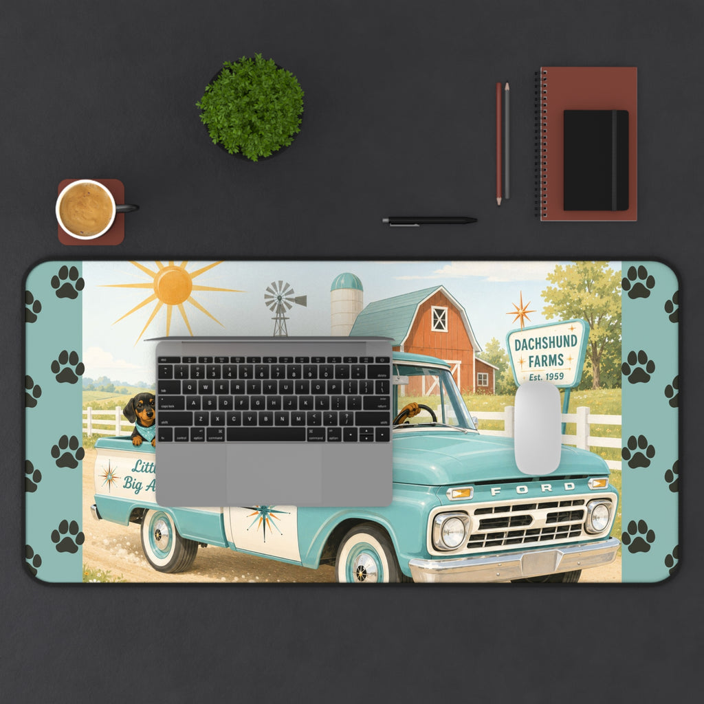 MCM Dachshund Farm Truck Desk Mat | Retro Puppy Road Trip Mouse Pad
