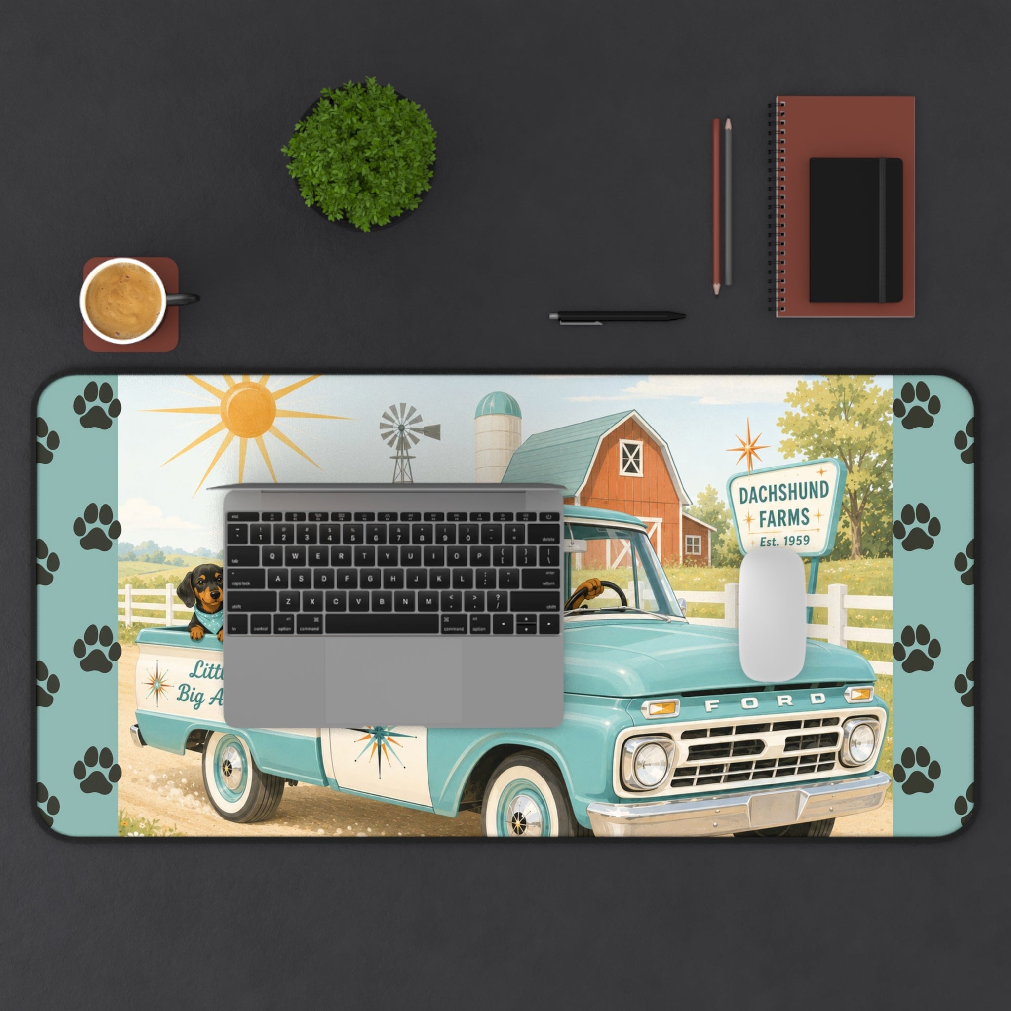 MCM Dachshund Farm Truck Desk Mat | Retro Puppy Road Trip Mouse Pad