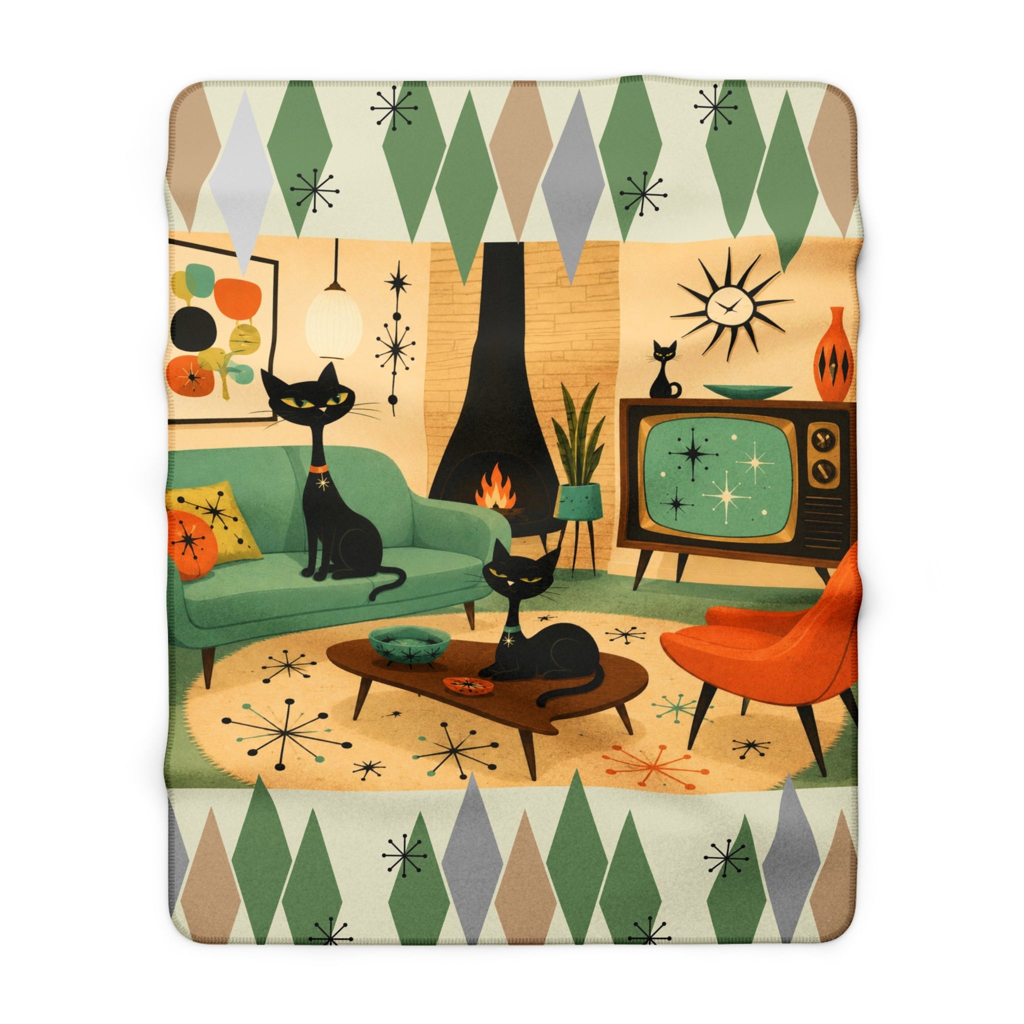 Mid Century Atomic Black Cats Living Room Sherpa Fleece Blanket | Retro Atomic Art