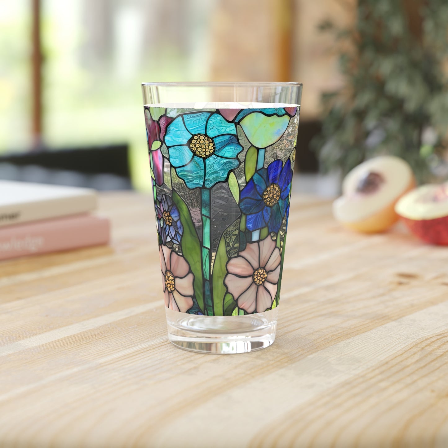 Garden flowers stained glass (look only)  Pint Glass, 16oz (Price is per glass)