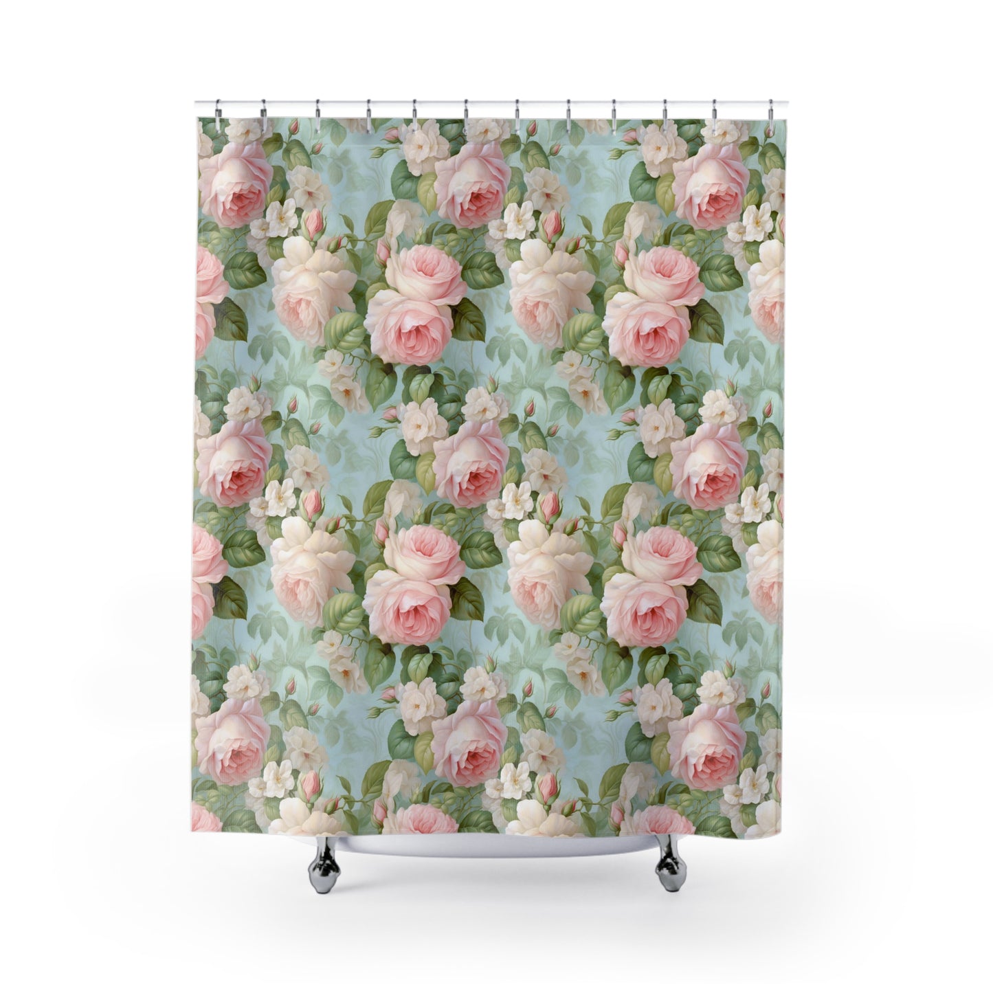 Stunning Pink Rose Garden Shower Curtain with Delicate White Accents, stall, bathtub, vintage roses, floral curtain