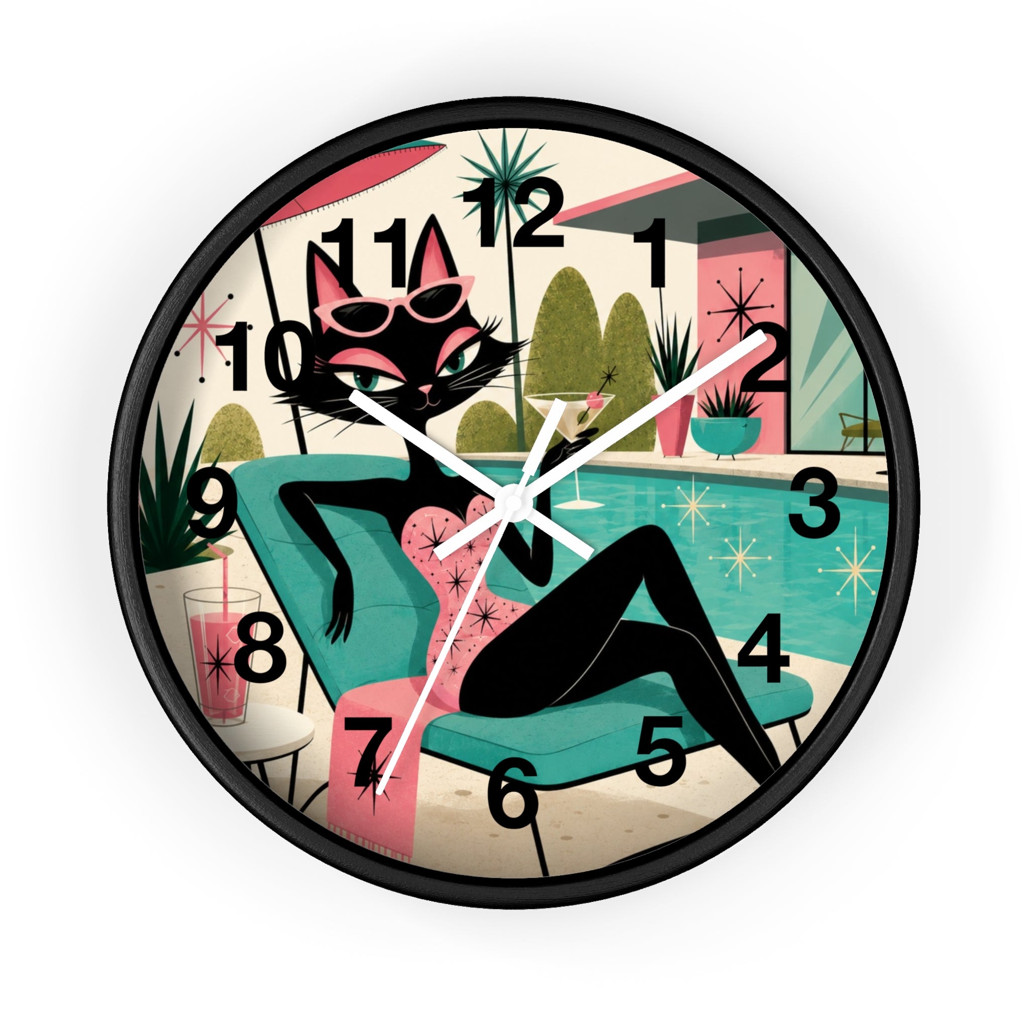Retro Atomic Cat Lounge Wall Clock | Mid Century Modern Poolside Cat Art