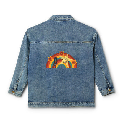 Atomic cat choose happy retro Women's Denim Jacket, ladies oversized jacket, blue denim, Mid Century clothing, black cat lover gift