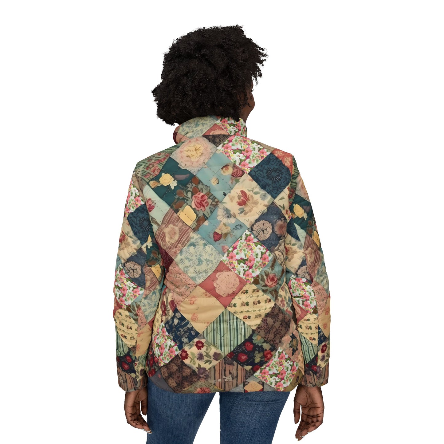 Retro inspired Patchwork (PRINTED LOOK ONLY) Womens Puffer Jacket, floral ladies Jacket