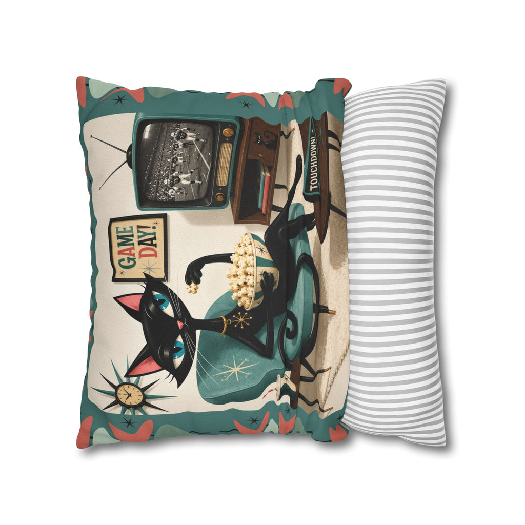 Retro Atomic Black Cat Watching Football Pillowcase | MCM Square Throw Pillowcase - Indoor use