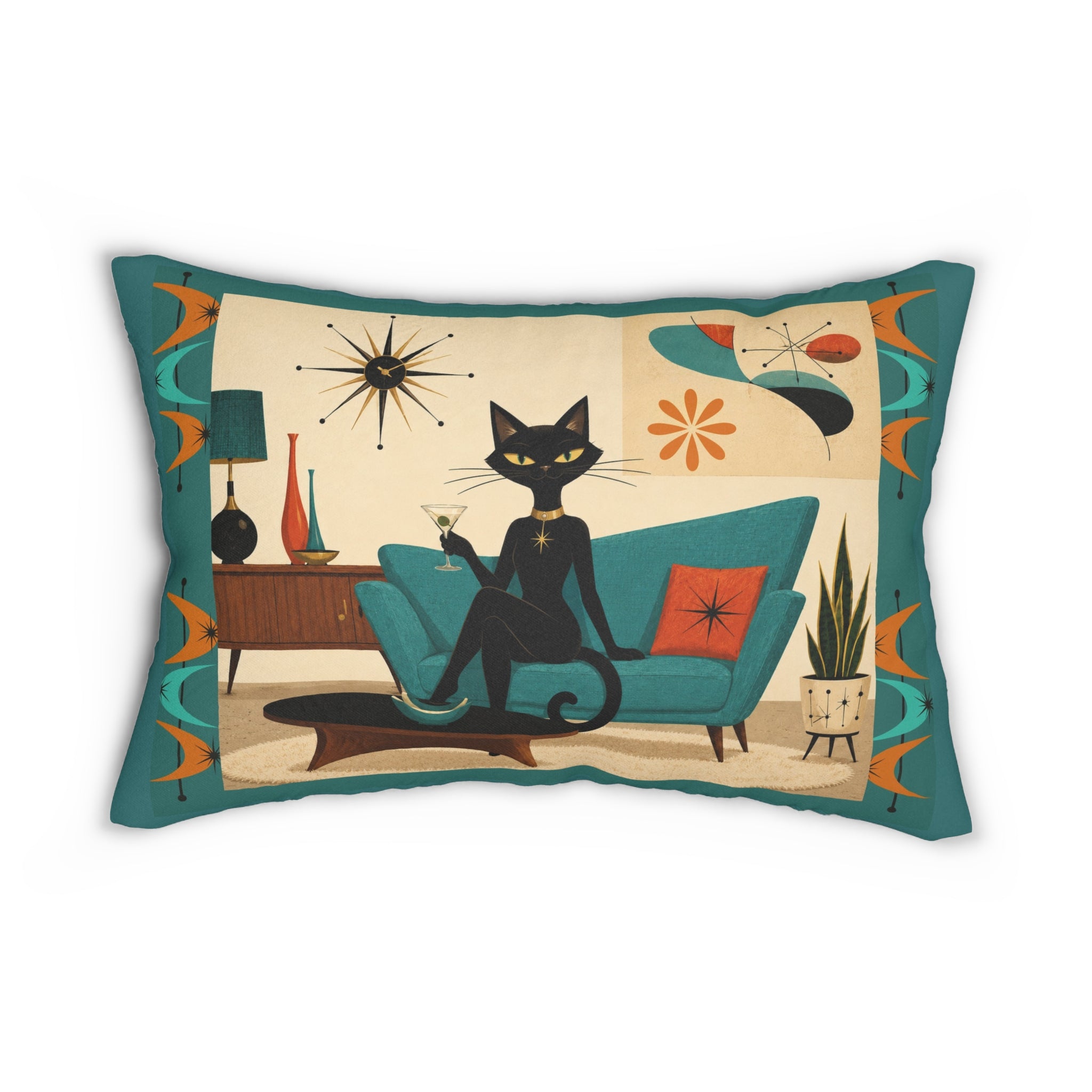 Mid Century Atomic Cat Lounge Lumbar Pillow | Retro Atomic Living Room