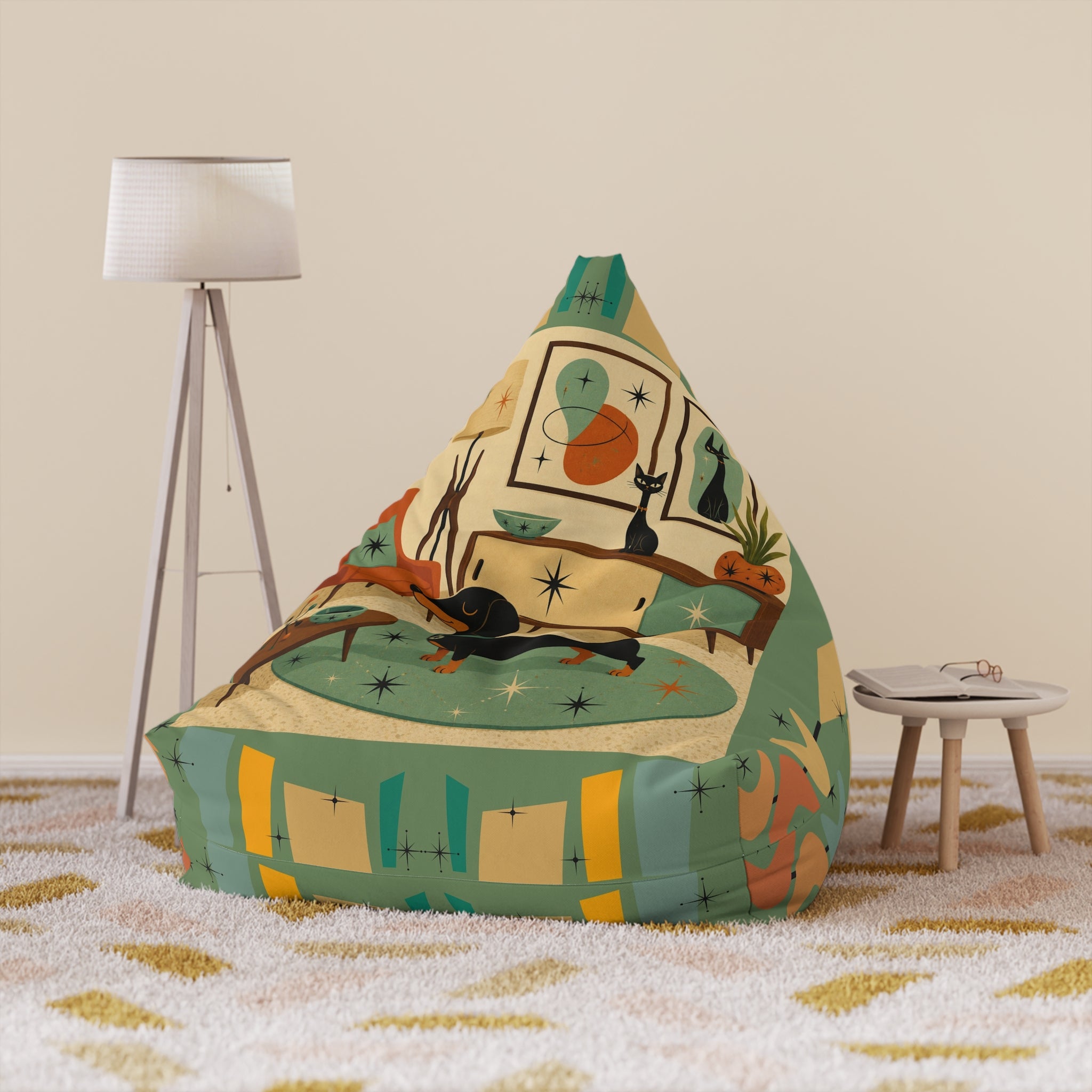 Mid Century Retro Atomic Dachshund Pattern Bean Bag Cover | Vintage Space Age Print