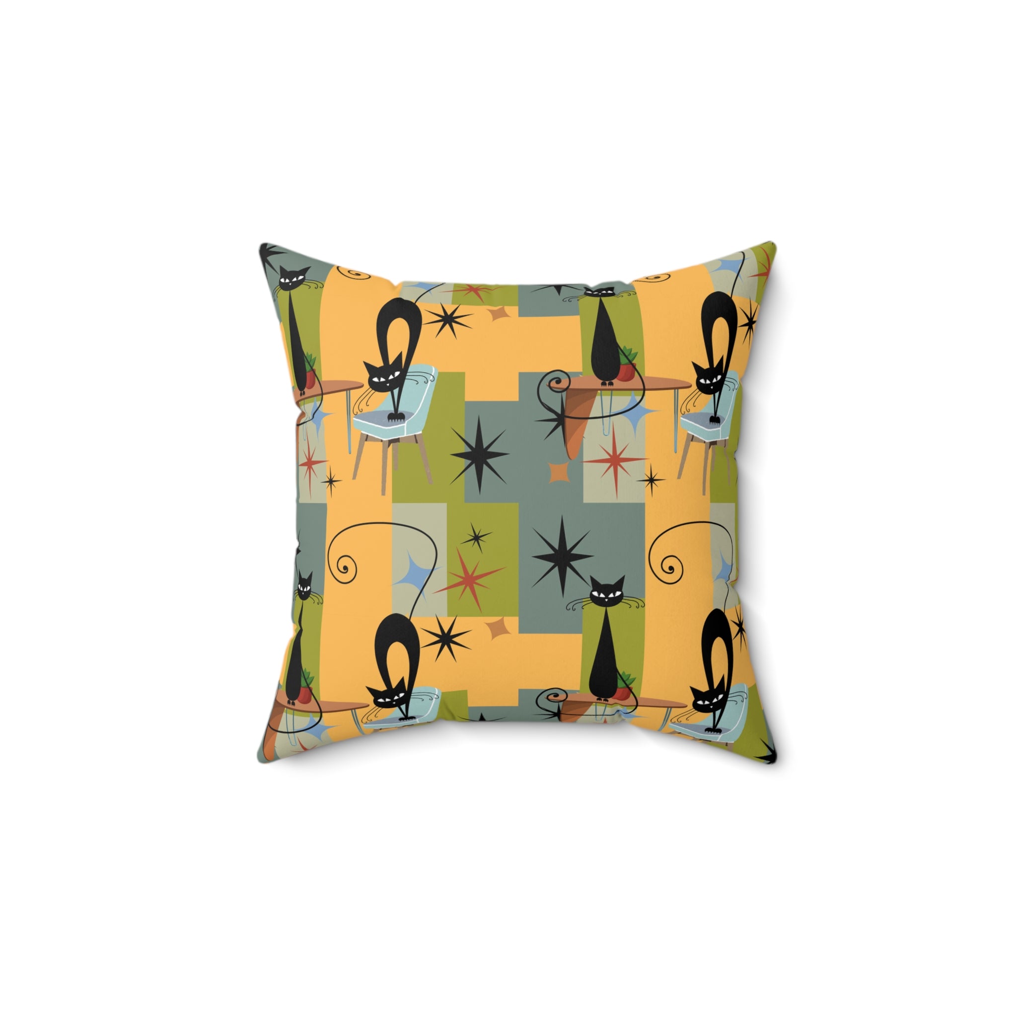 Mid-Century Black Cat Decorative Pillow — Retro Starburst Pattern