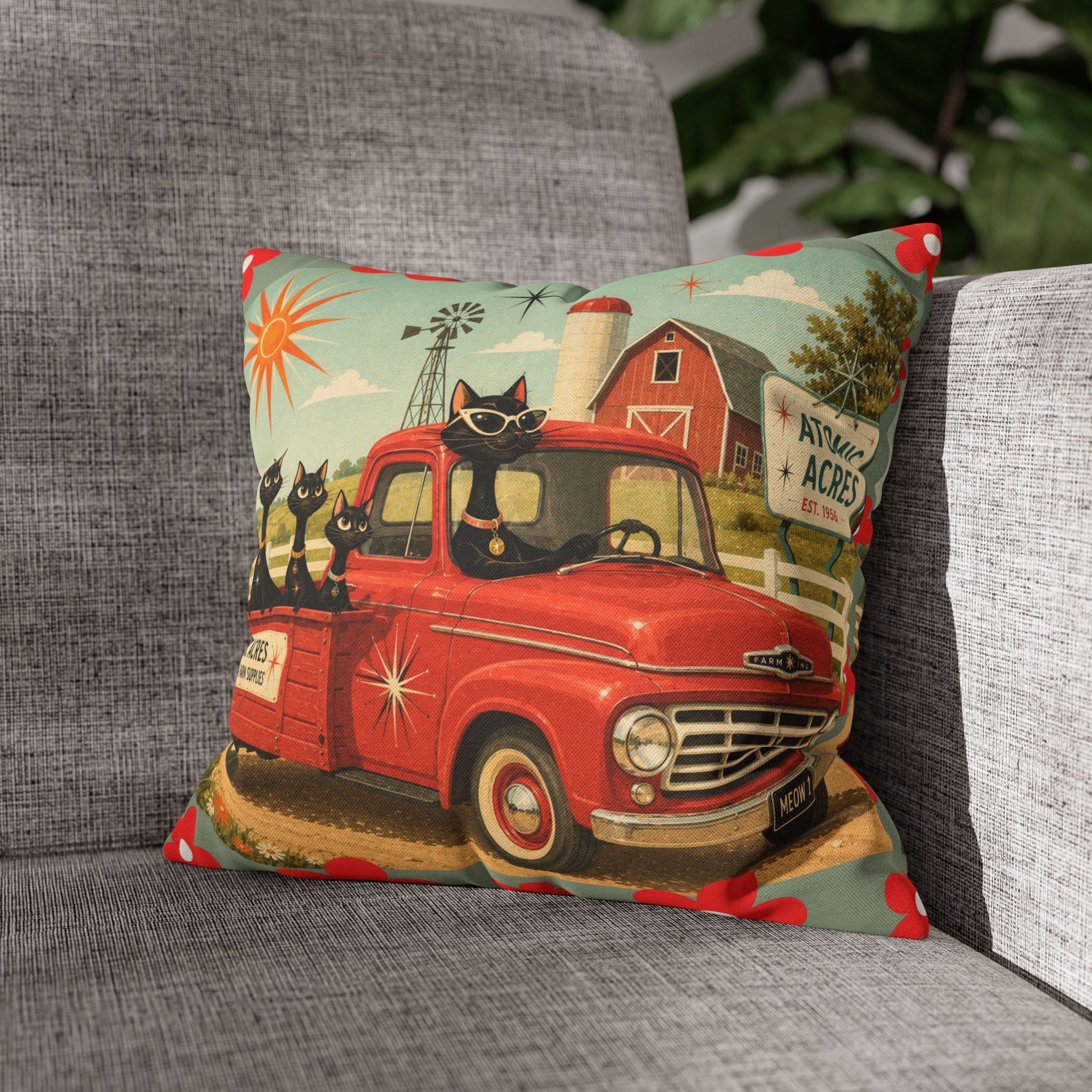Retro Red Truck with Atomic Black Cats and kittens Pillowcase | MCM Square Pillowcase - COVER ONLY