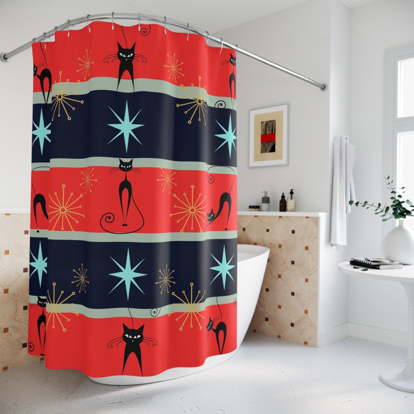 Red and blue atomic cat retro inspired Shower Curtain, mid century modern, modern vintage, cat shower curtain