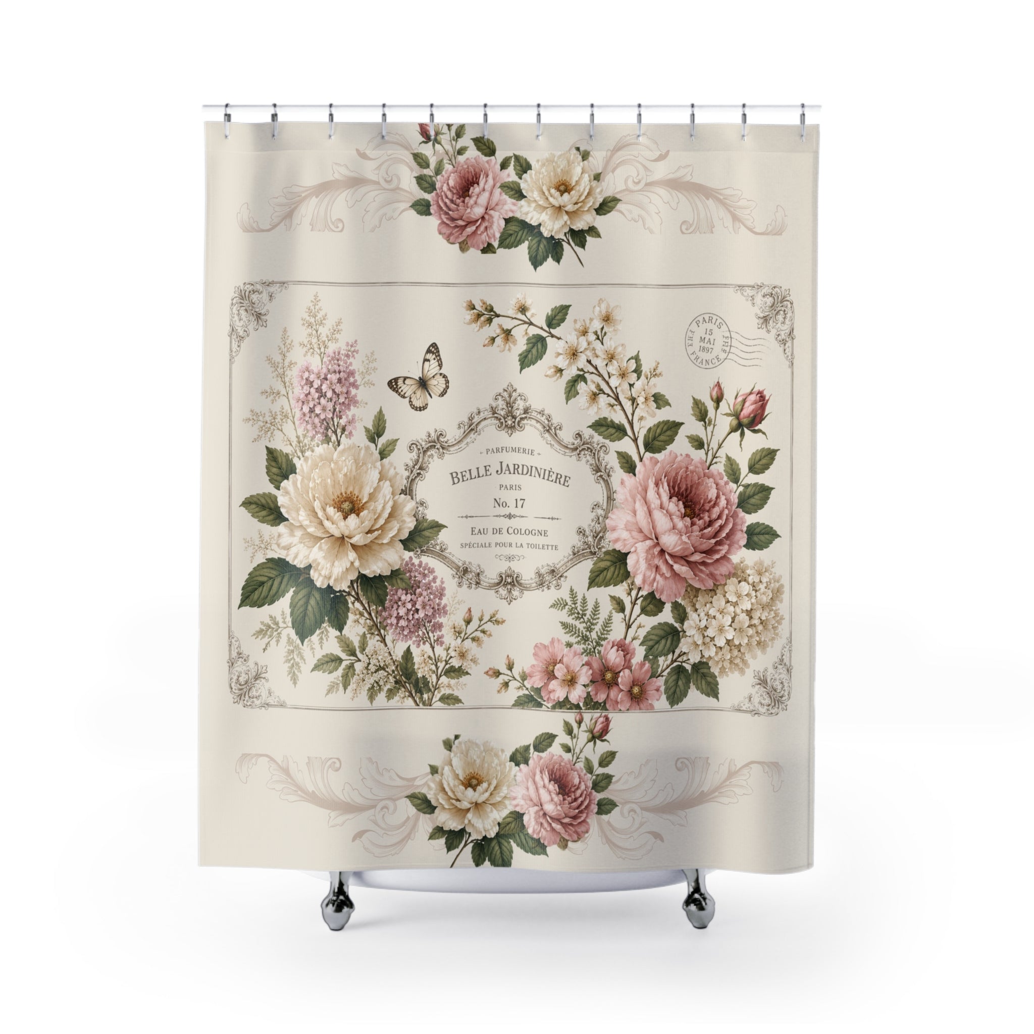 Vintage style Floral Garden Shower Curtain | French Roses,  Shabby chic Butterflies, Neutral
