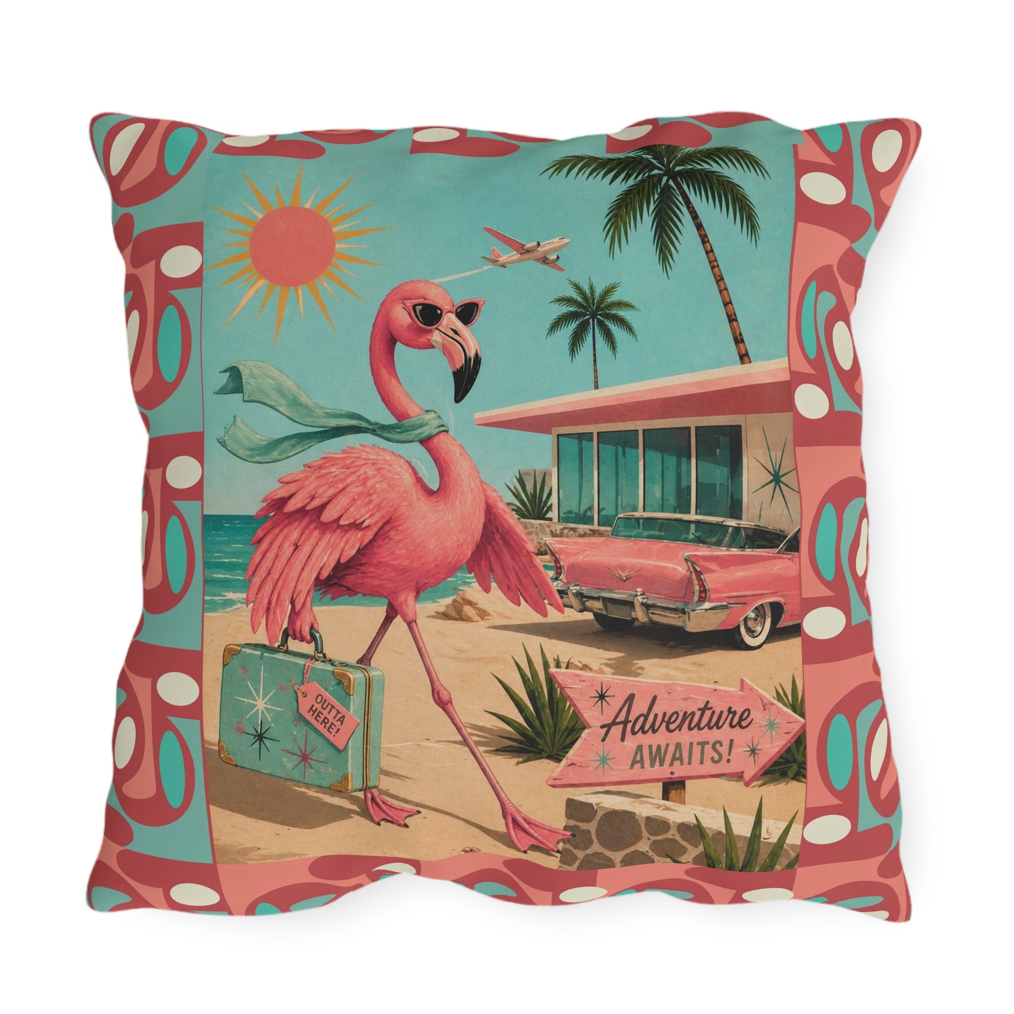 Retro Flamingo fly away Travel Illustration Outdoor Pillow | Mid Century Beach Adventure