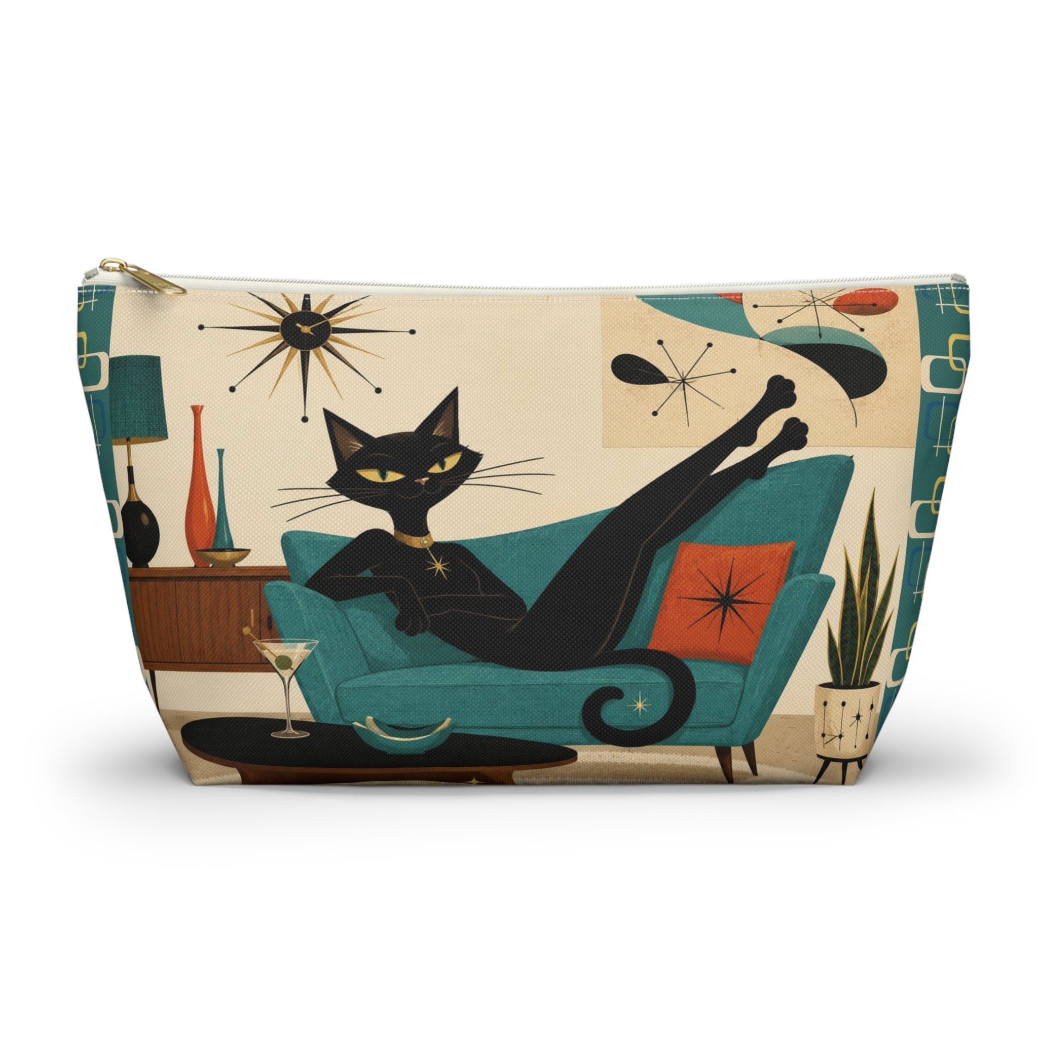 Mid Century Atomic Black Cat Lounge Accessory Pouch | T-Bottom Cosmetic Bag