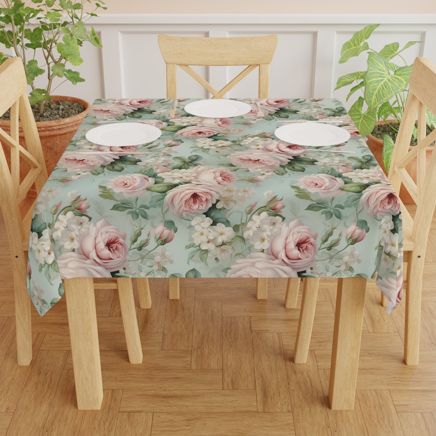 Vintage Shabby Chic Pink Roses and Delicate White Blooms Tablecloth