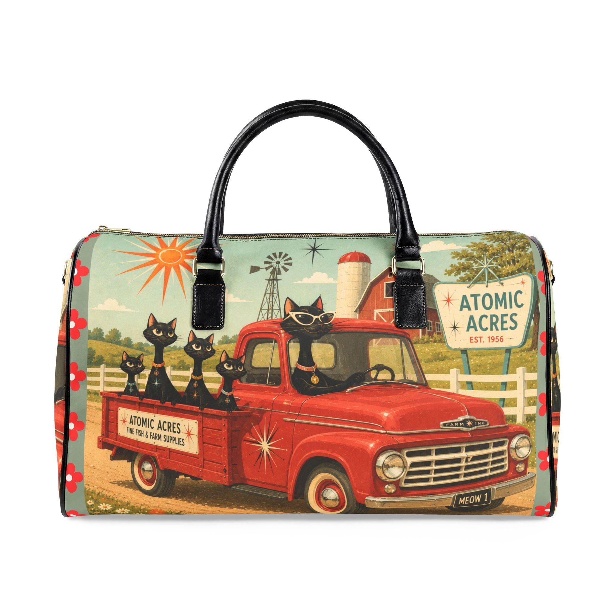 Retro Atomic Cats Truck Faux Leather Travel Bag | Atomic Acres Vintage Roadside Art