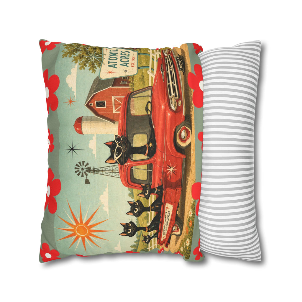 Retro Red Truck with Atomic Black Cats and kittens Pillowcase | MCM Square Pillowcase - COVER ONLY