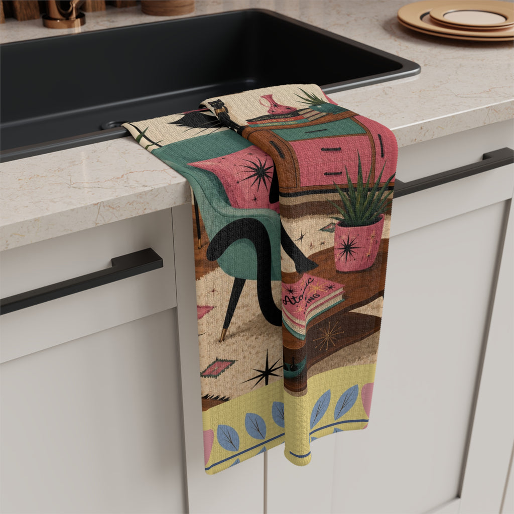 Retro Atomic Cat Lounge Microfiber Tea Towel | Mid Century Modern Cat Art